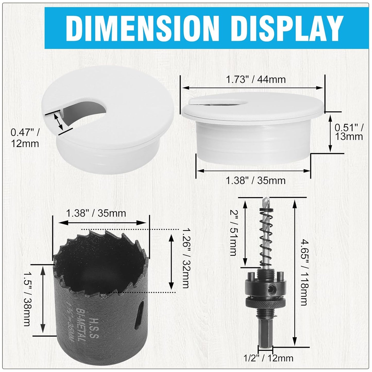 1-3/8" White Desk Grommet with Bi-Metal Hole Saw, JTemgle Plastic Cable Hole Cover Computer Table Cord Wire Organizer Caps, Desktop Cord Management for Home Office TV Stands Tabletops, 7 Pieces