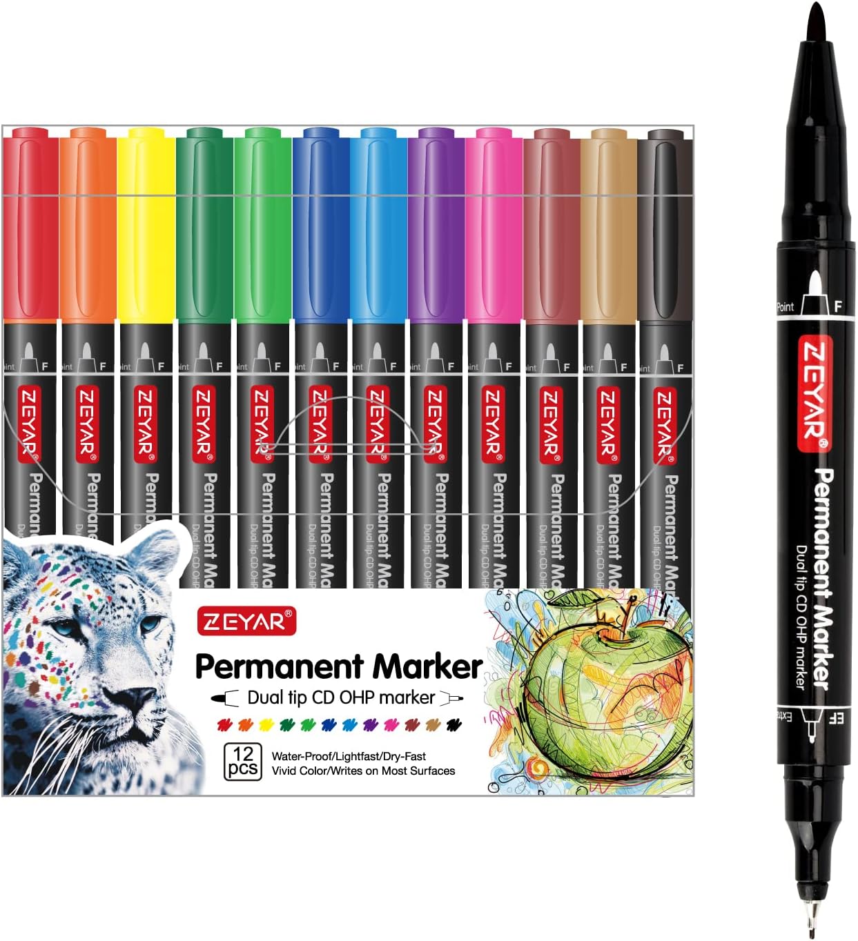 ZEYAR Twin Tip Permanent Markers, CD/DVD Markers, 12 Color, Ultra Fine Point and Fine Point for Signature and Marking (12 Colors)
