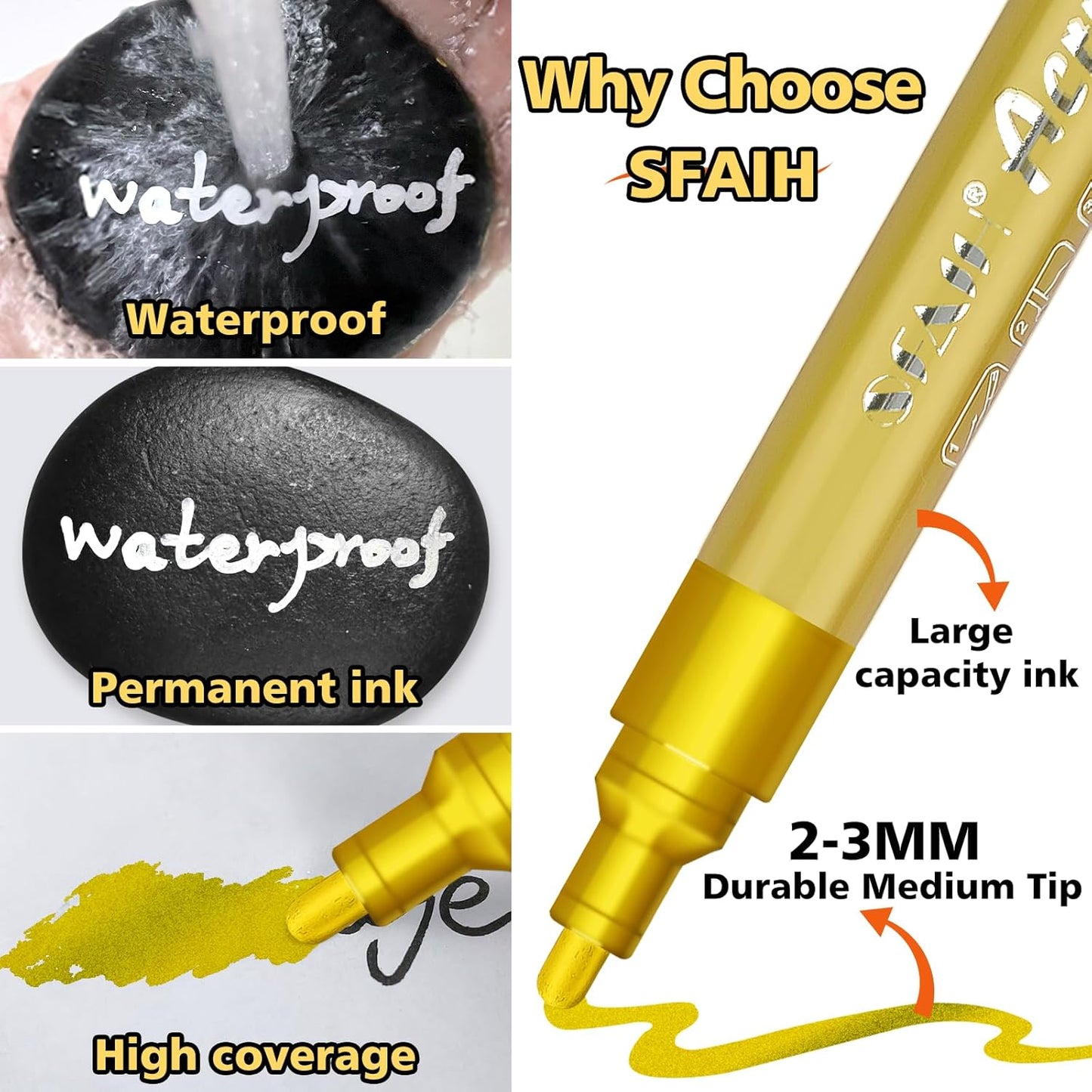 SFAIH Paint Markers Pens - 4 Colors 8 Pack Ultra-High Coverage Acrylic Paint Pens for Rock, Paper, Wood, Fabric, Glass, Metal, Ceramic, Painting, DIY Art Projects, Crafts, Large Capacity Permanent Ink