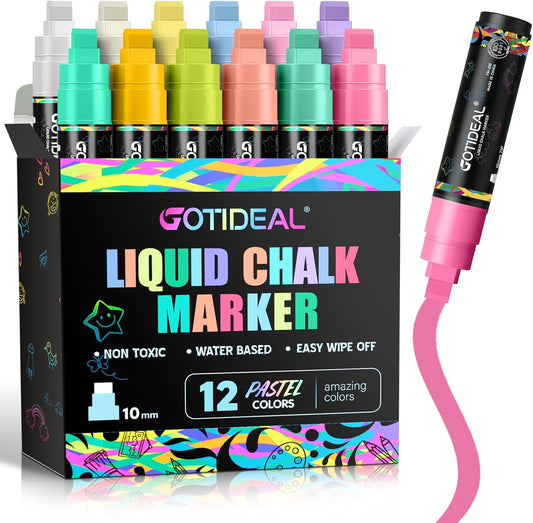 GOTIDEAL Window Markers, Jumbo Chalk Markers for Blackboard, Washable Car Marker for Chalkboard Glass Mirrow,10mm Thick Tip12 Colors(Pastel Color)