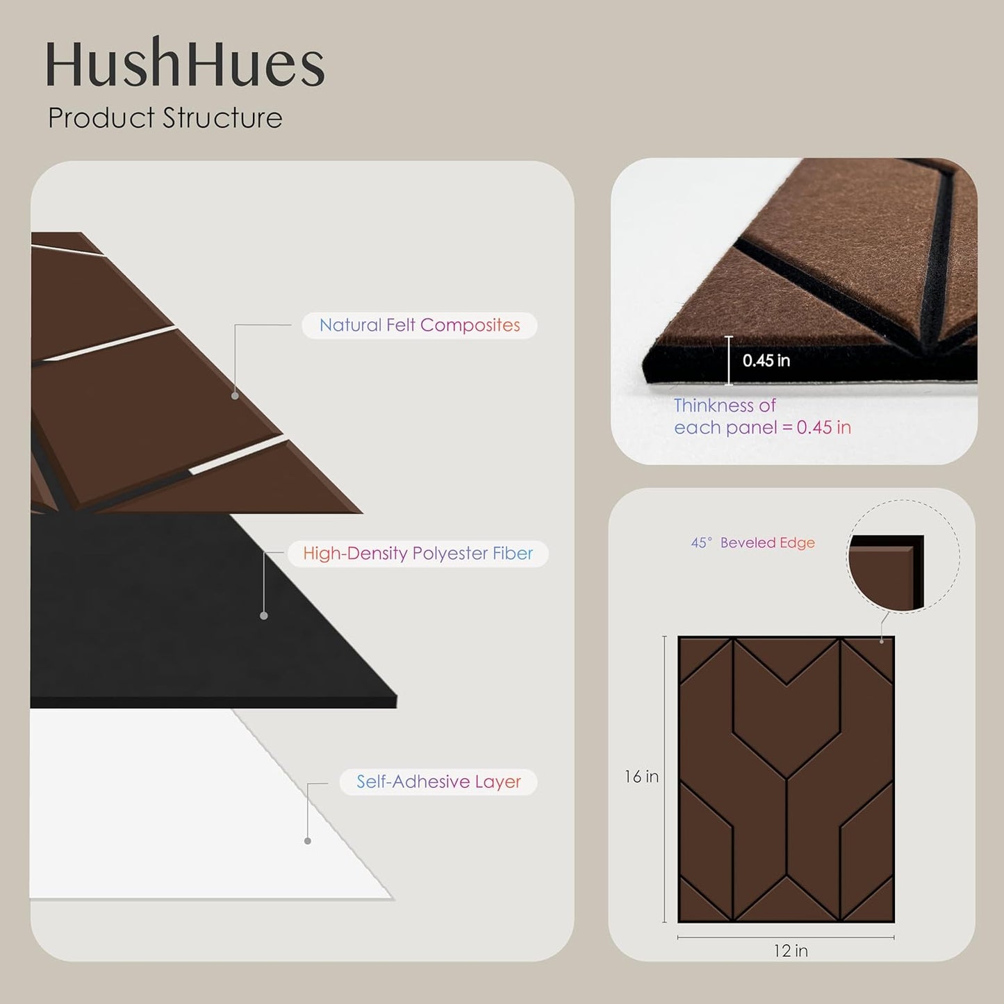 12-Pack Acoustic Panels, 16"x12"x0.4" Large Acoustic Wall Panels, Self-Adhesive Sound Absorbing Panels for Recording Studios & Offices, Brown+Black Decorative Acoustic Panels