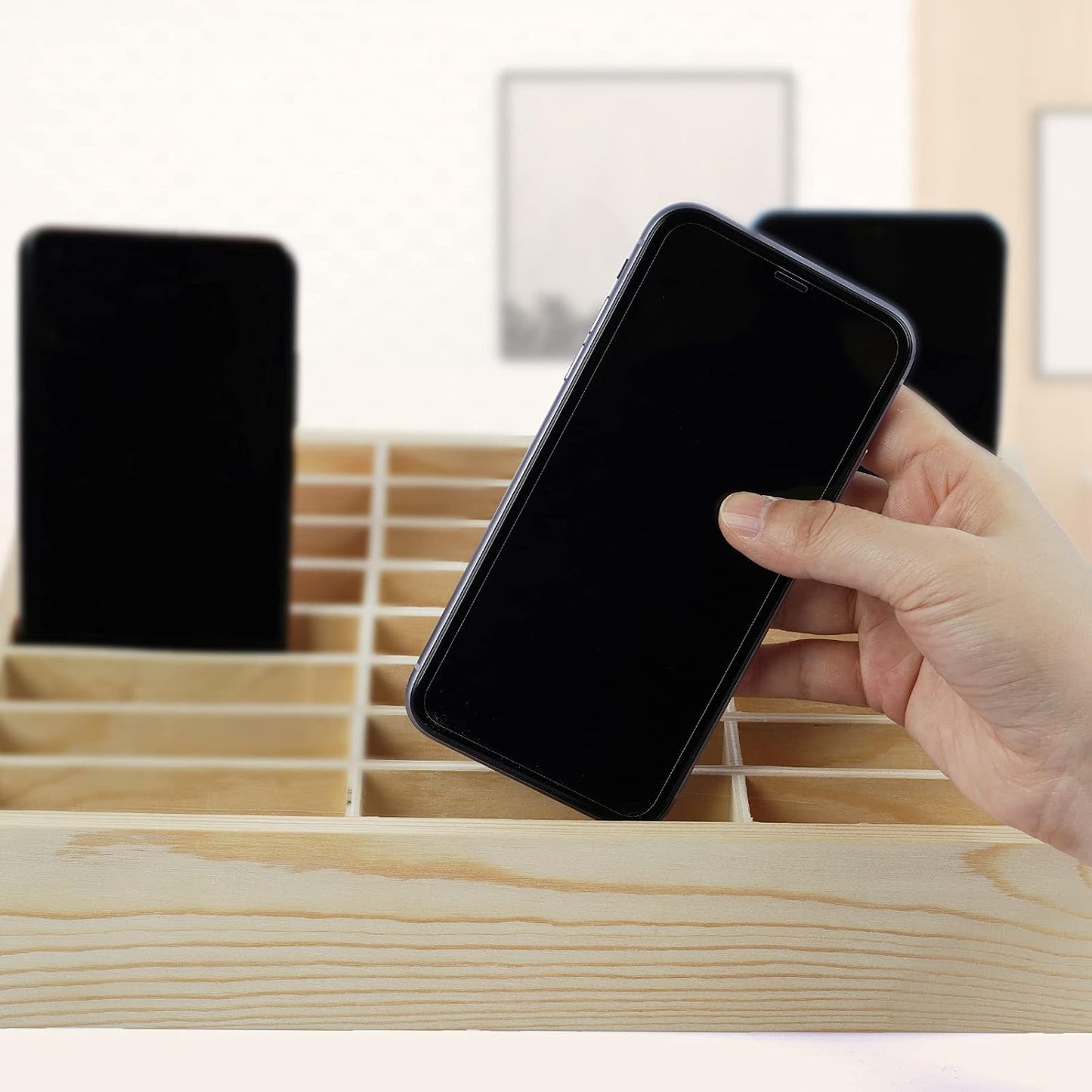 24-Grid Wooden Cell Phone Holder Desktop Organizer Storage Box for Classroom Office (24-Grid)