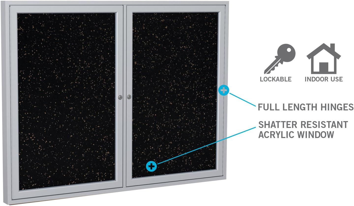 Ghent 36"x30" 1-Door indoor Enclosed Recycled Rubber Bulletin Board, Shatter Resistant, with Lock, Satin Aluminum Frame,Black (PA13630TR-BK) ,Made in the USA