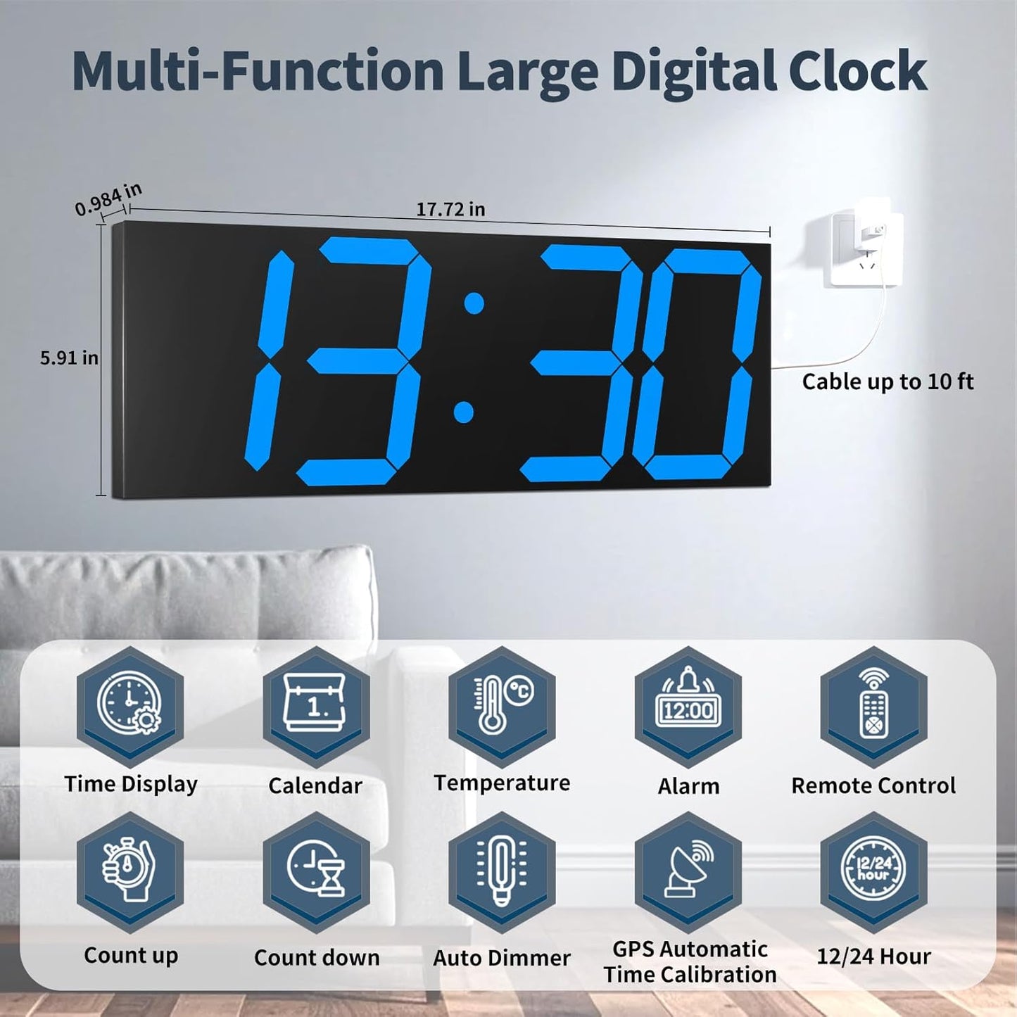 18.7'' Automic Digital Wall Clock, LED Wall Clock with Large Display, Multi-Function Clock with Alarm and Timer, Auto Time Sync Digital Clock with Adjustable Brigthness(Blue)