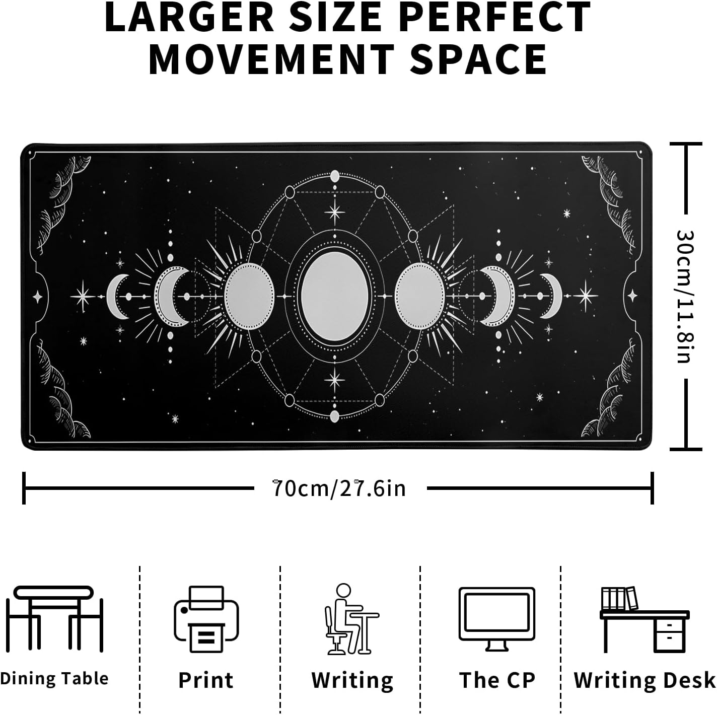 Sun Moon Gaming Mouse Pad Black Large Mouse Pad for Keyboard and Mousepad Desk Mat with 3mm Non-Slip Base and Stitched Edge for Gaming and Office Computer Mat Protector Mat 27.6x11.8 Inch