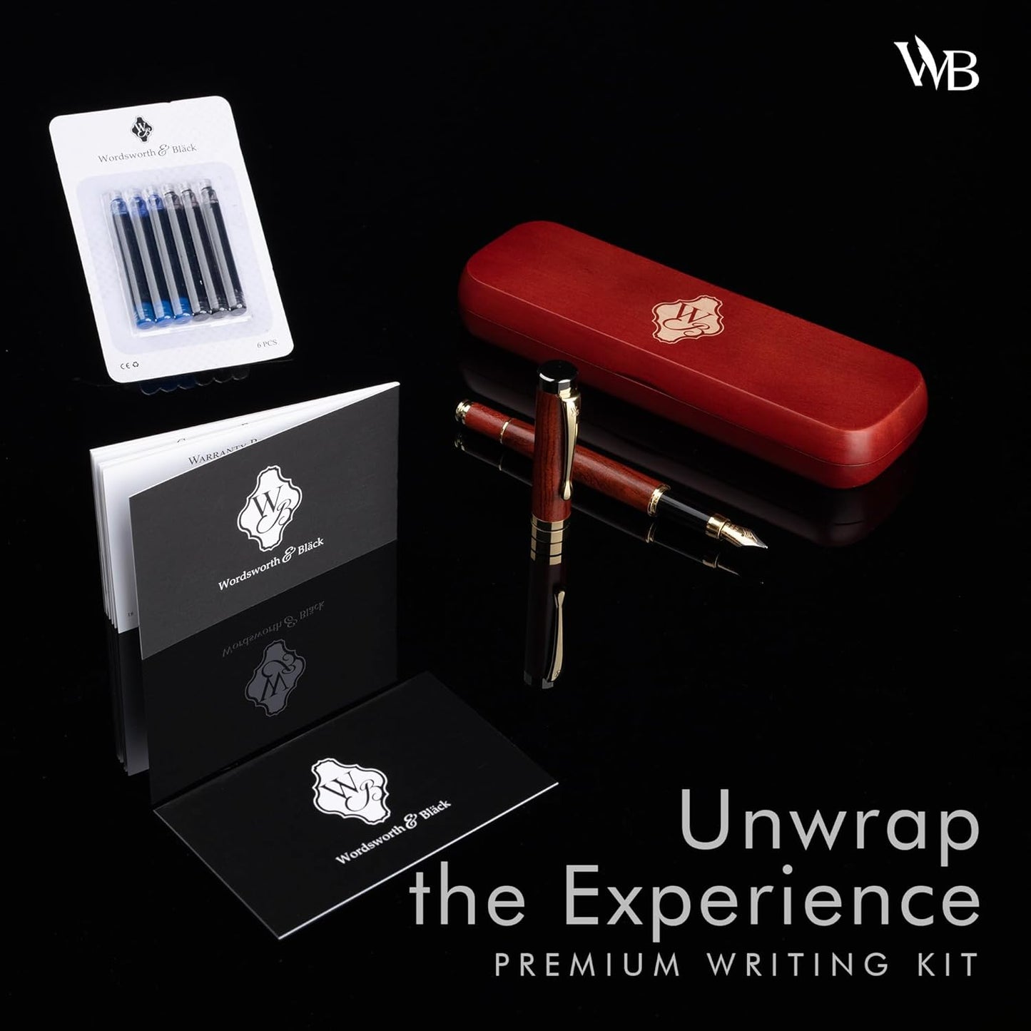 Wordsworth & Black Fountain Pen Set, Luxury Bamboo Wood - Extra Fine Nib, Gift Case; Includes 6 Ink Cartridges, Ink Refill Converter -Journaling, Calligraphy; Drawing, Smooth Writing [Rosewood]