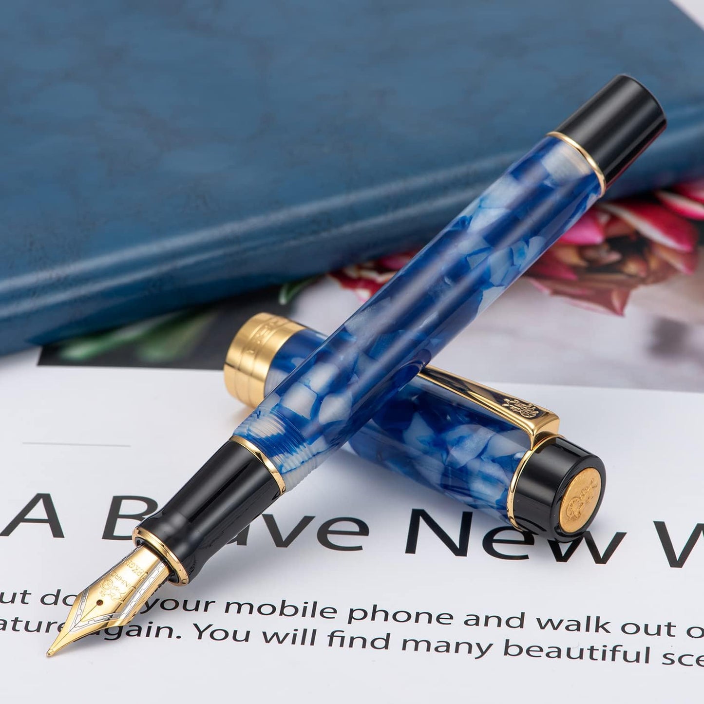 Jinhao 100 Fountain Pen Celluloid Classic Style, #6 Nib Smooth Writing Instrument with Refillable Converter and Pen Case Set