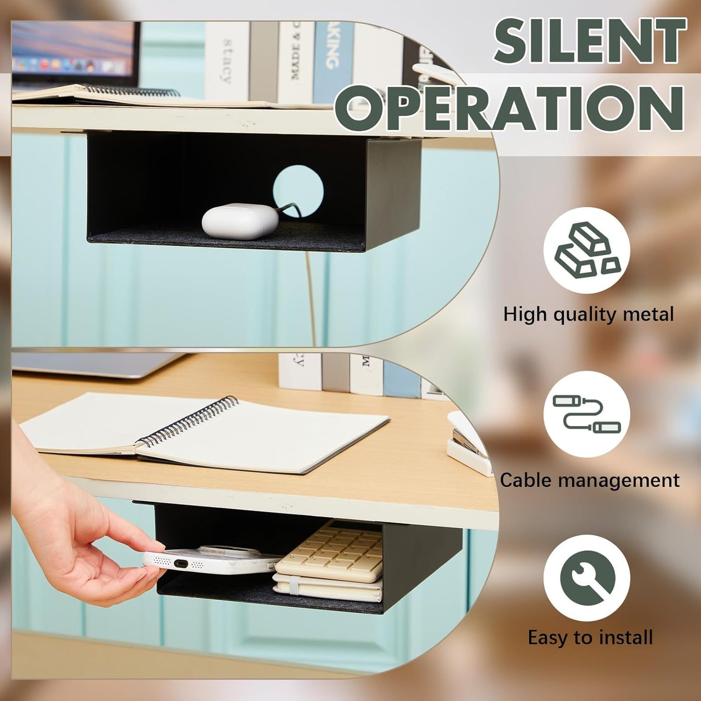 2 Pack Under Desk Storage Shelf, Carbon Steel Tray with Mute Felt Sheets, Mount Shelves Organizer for Office Home Workstation Gaming Stand Up Desk (7.5x8x2.8 In/Storage Shelf,Black)