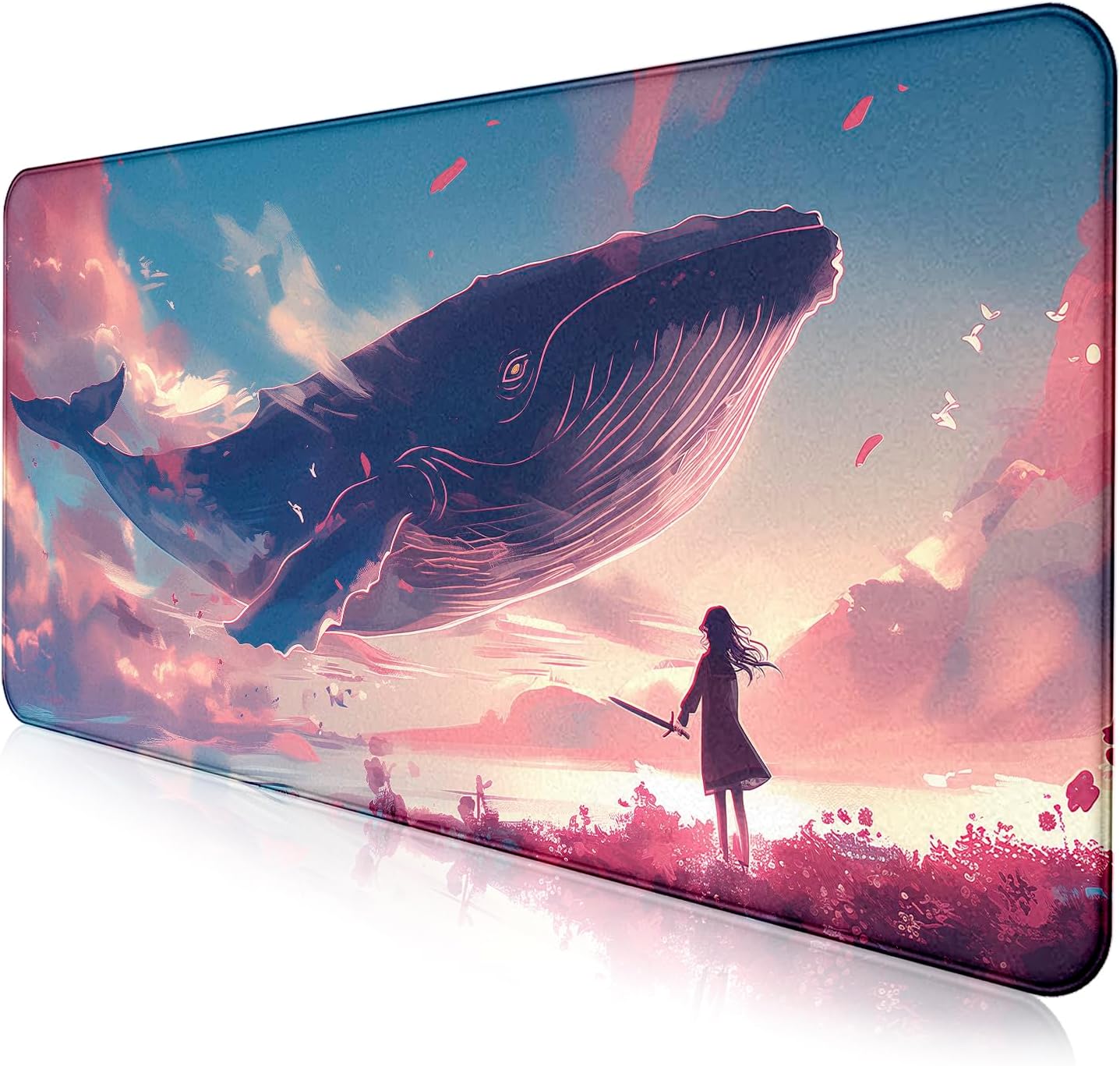 Cute Sky Whale Fish Dream Fantasy Mouse Pad, Stitching Edge Computer Game Keyboard Pad Whale, Large Women's Office Desk Accessories Decorative Mouse Pad 35.4 x 15.7 Inches