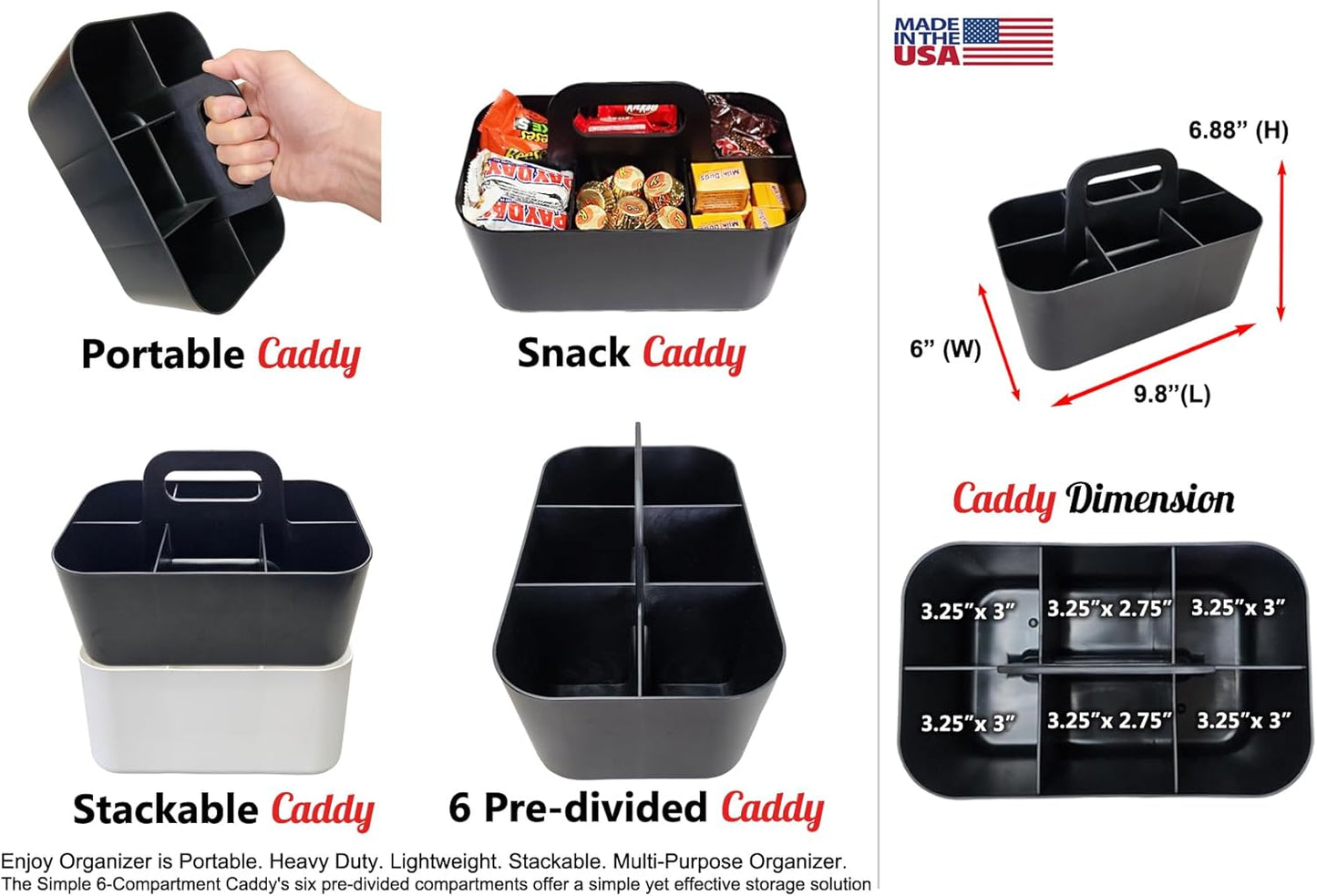 2 Pack Small 6 Compartment Multiuse Caddy Organizer with Handle Art Craft Supplies, Office, Desk, Stationery Pen Holder Stackable- Made In USA (Black/Ivory)