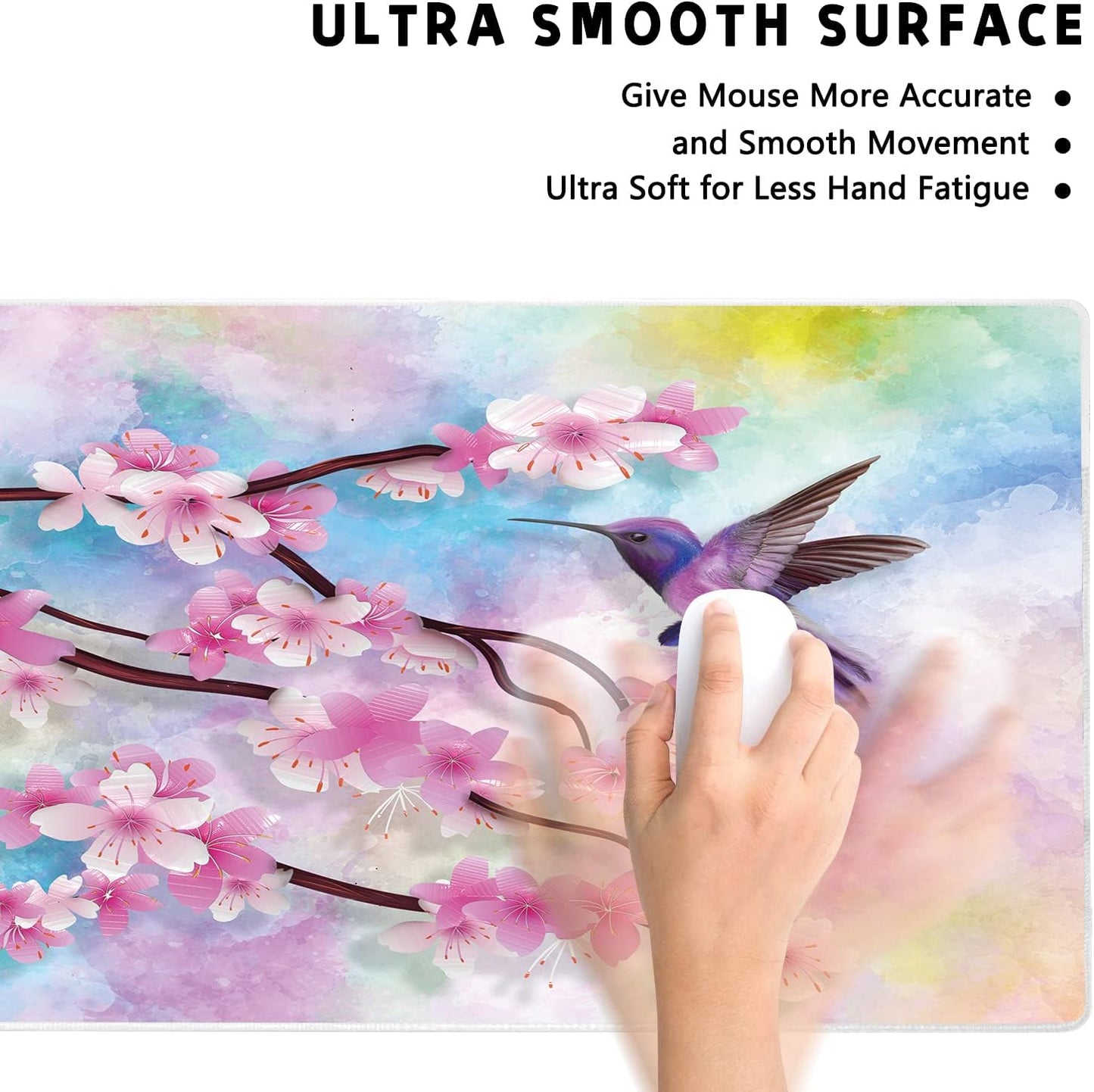 Extended Large Gaming Mouse Pad Spring Peach Blossoms and Hummingbirds XXL Size Keyboard Mouse Mat Desk Pad with Non Slip Rubber Base Stitched Edges Office Decor for Women Girls Men,35.4 x 15.7inch