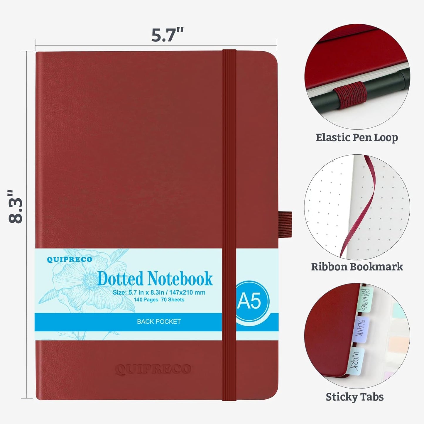 Hardcover Lined Bullet Dotted Journal Notebook, A5 140 192 Pages 100 120Gsm Paper College ruled for School,Work,Travel,and Daily Planning，5.7''*8.3'' (1, Burgundy, A5 Dotted)