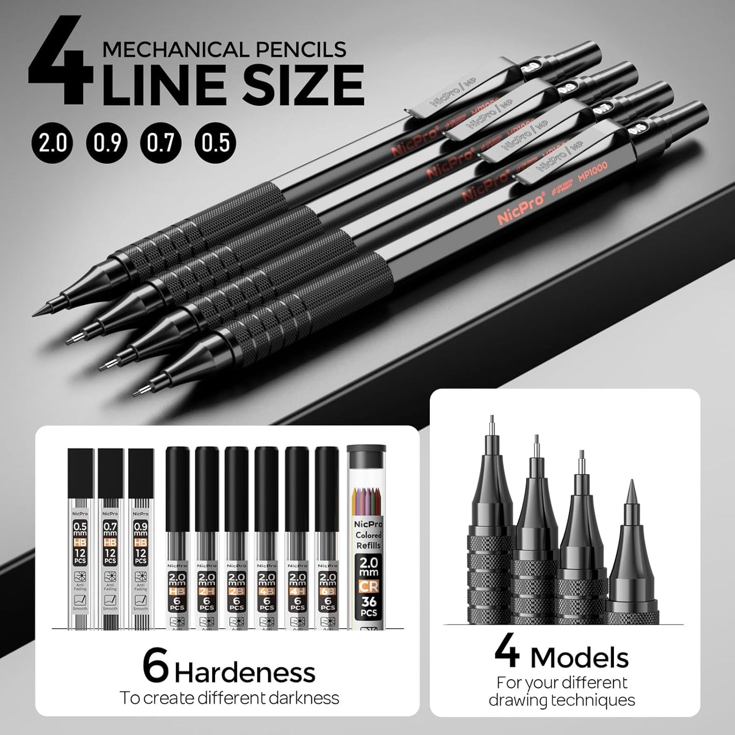 Nicpro 30PCS Black Metal Mechanical Pencil Set in Leather Case, Art Drafting Pencil 0.5, 0.7, 0.9 mm, 2mm Lead Pencil Holders for Sketching Drawing With 16 Tube (6B 4B 2B HB 2H 4H Colors)Lead Refills