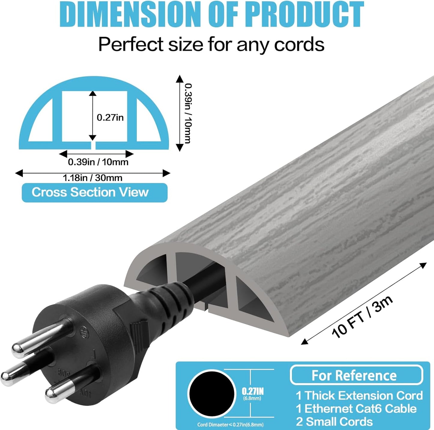 Floor Cord Cover Self Adhesive Cord Hider,10FT Cable Management, Extension Strip Protector for Wires, Prevent Cable Trips for Offices, Gyms, Exhibitions Cavity:0.39"(W) x 0.27"(H) Gray Wood