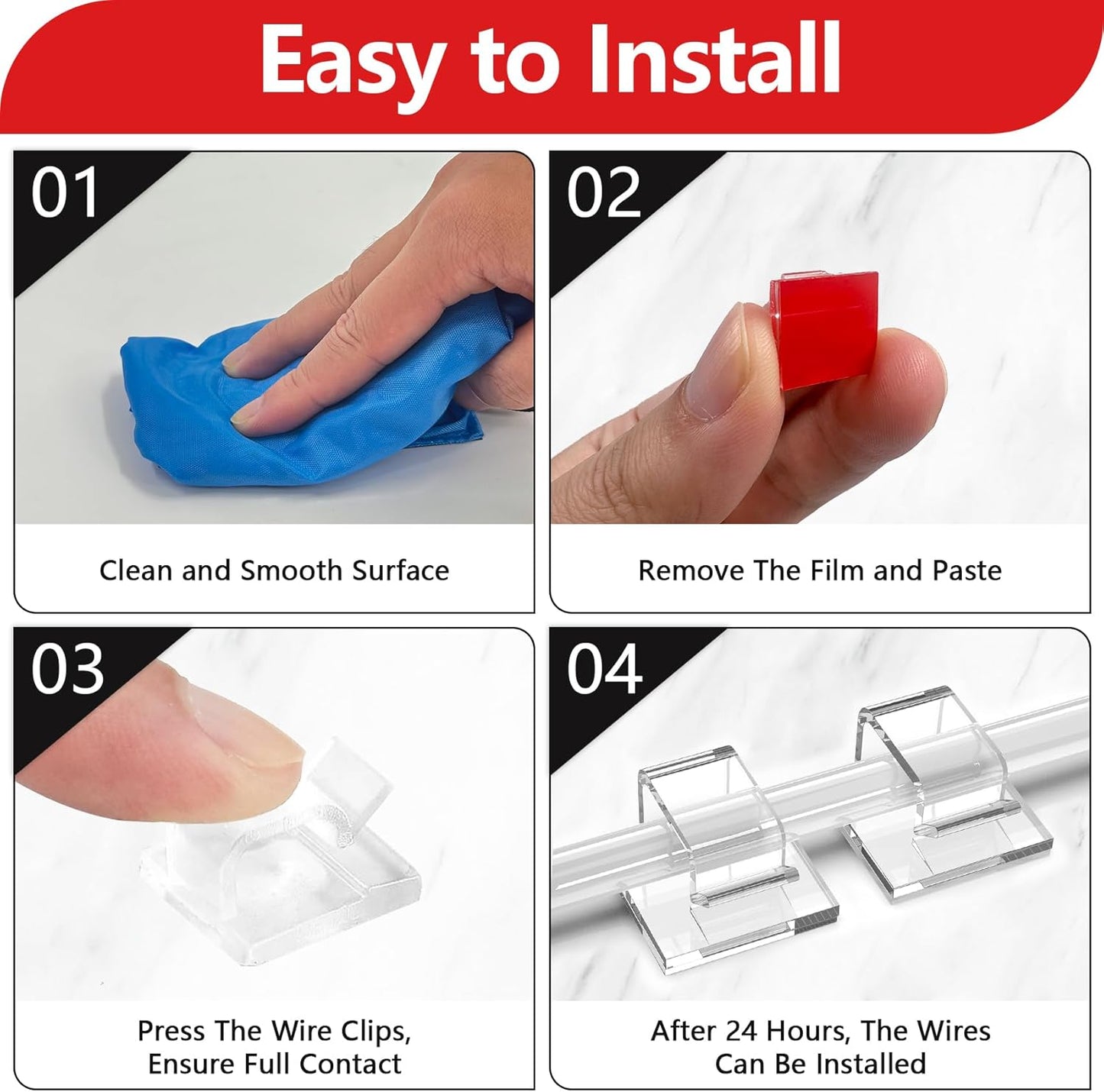 100PCS Cable Clips, Adhesive Wire Clips Organizer Cord Clips Management, Cable Staples Outdoor Strong for Wall, Desk, Christmas Lights, String Lights, Fairy Lights, Clear Glossy, Small