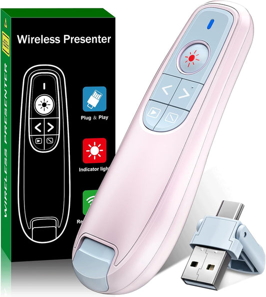 2-in-1 USB Type C Presentation Clicker, Wireless Presentation Clicker PowerPoint Presenter Remote with Volume Control, Powerpoint Clicker with Slide Advancer for Computer/Laptop/Mac,Pink