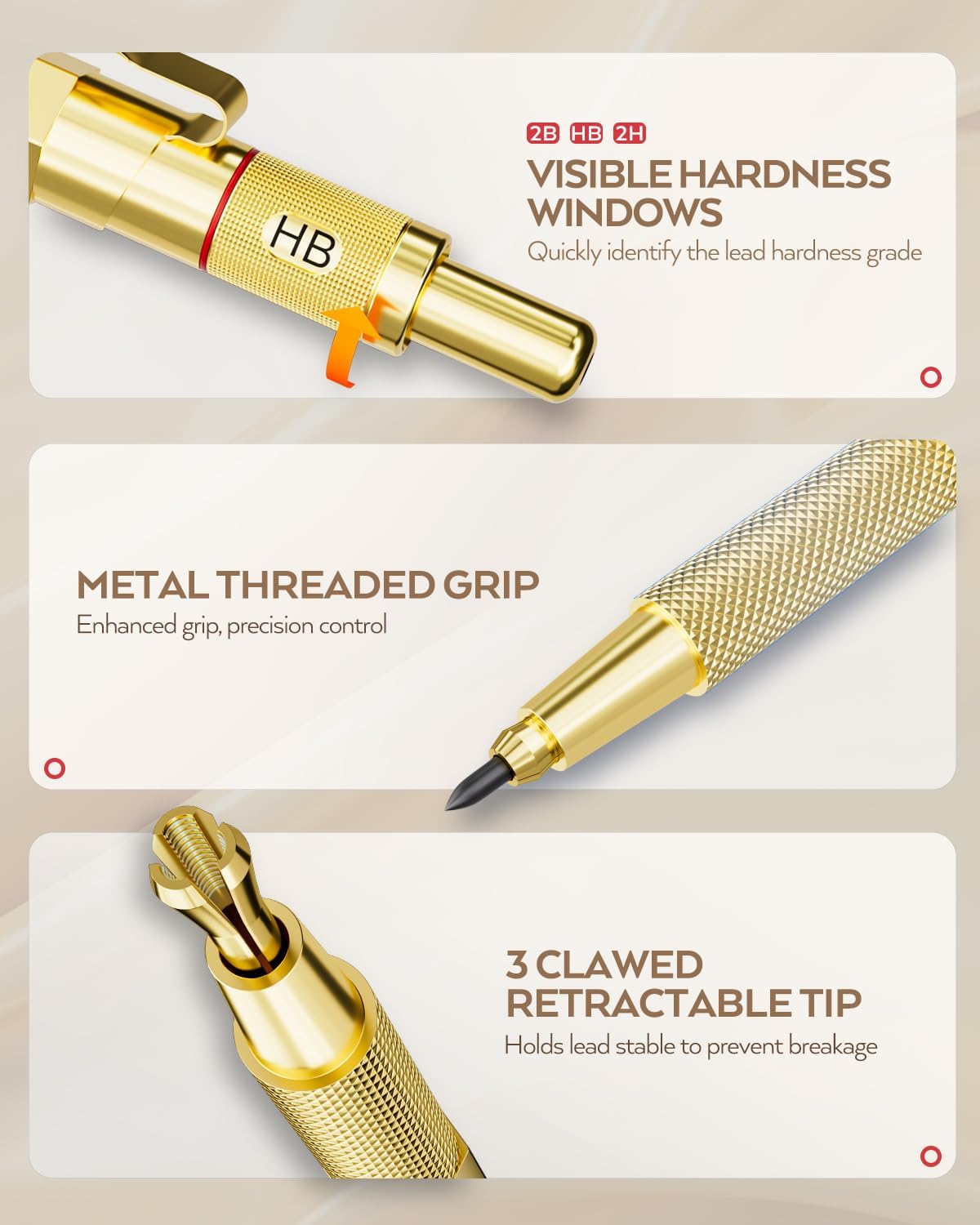 Nicpro Gold Art Mechanical Pencil Set, Metal Drafting Pencil 0.5, 0.7, 0.9mm & 2mm Lead Holder(2B HB 2H) For Sketching Drawing With Lead Refills Case
