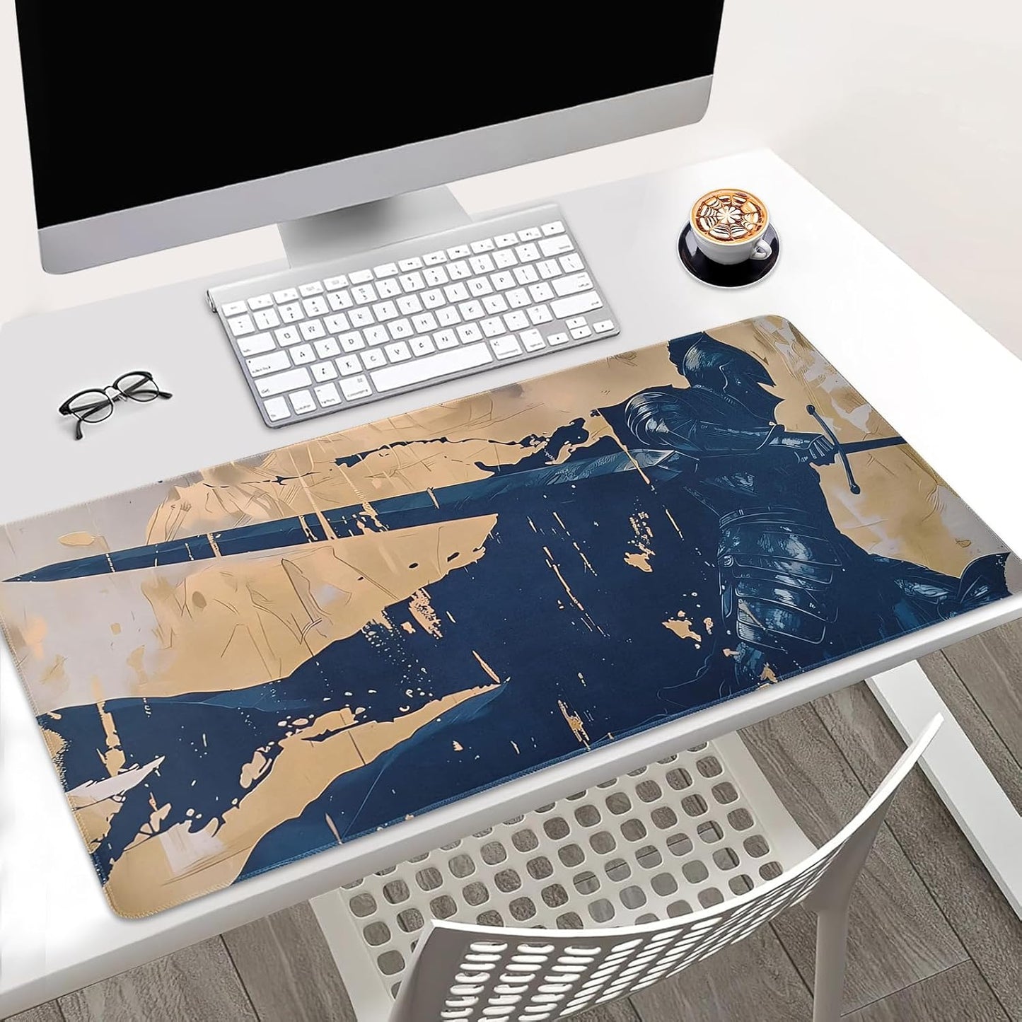 Non-Slip and Waterproof Gaming Mouse Pad, Extended XXL Desk Mat, Medieval Knight Design, Navy Blue and Beige, 31.5 x 15.7 inches, Lightweight