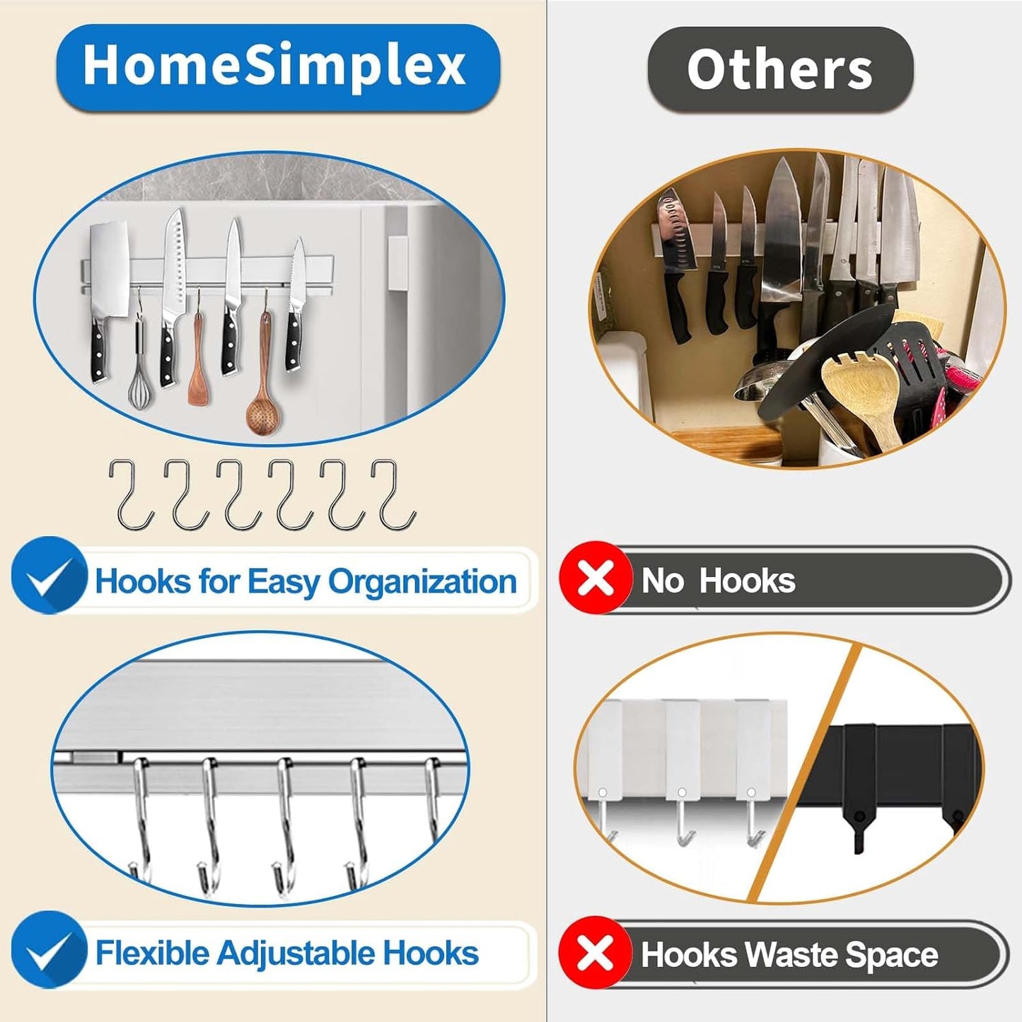 12 Inch Magnetic Knife Holder for Refrigerator with 6 Hooks - Double Sided Magnetic Knife Strip for Fridge - Premium Magnetic Knife Bar Rack - 304 Stainless Steel Kitchen Utensil Hanger