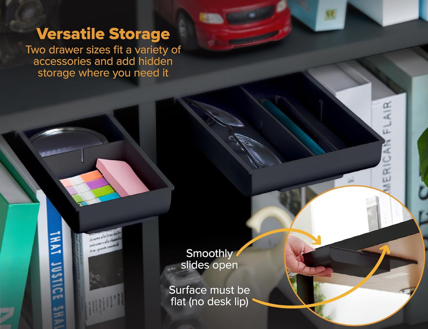 Bostitch Konnect Under Desk Drawer, Self-Adhesive Slide Out Storage Organizer with 4 Customizable Dividers, 2-Pack