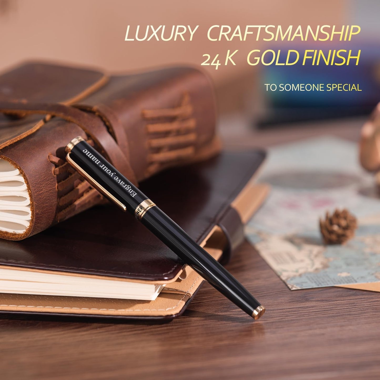 BEILUNER Black Personalized Pen,Stunning Luxury Lacquer With 24K Gold,Schneider Ink Refills,Multiple Fonts To Custom Rollerball,Gift Pen For Men & Women,Executive,Graduation,Christmas,Nice Pens