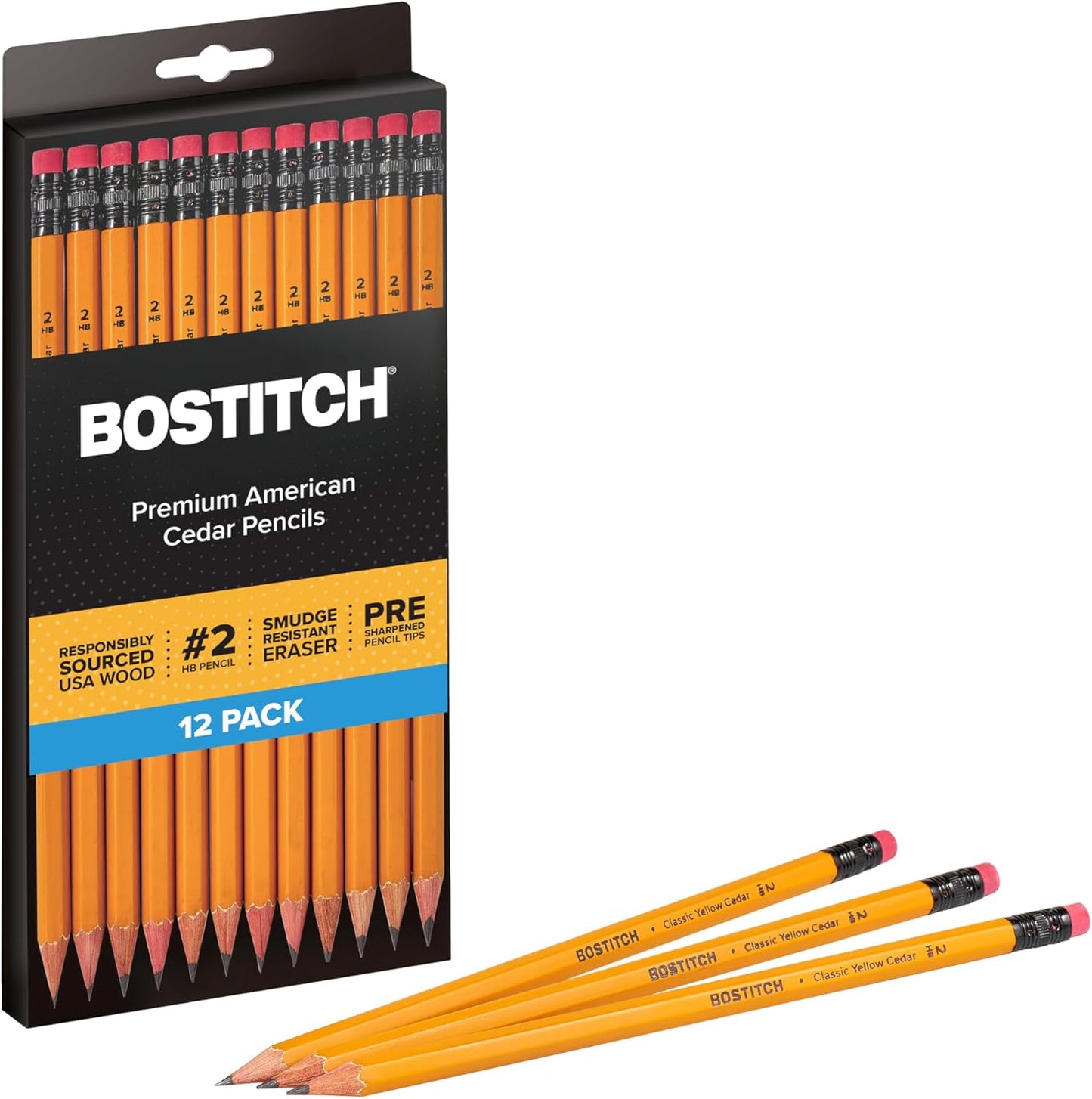Bostitch Office Premium #2 Pencils, American Cedar Wood, Pre-Sharpened, HB Graphite, 12-Pack
