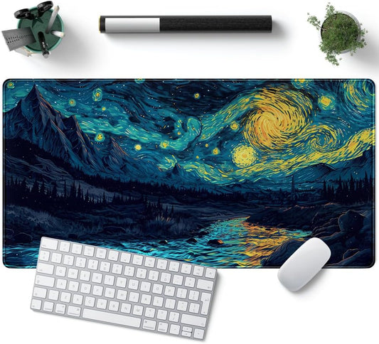 Misty Forest Desk Pad Mat Vincent Van Gogh XL Mouse Pad Gaming Playmat Large Mousepad XXL Desk Laptop Pad Equipped with Waterproof Storage Bag Non-Slip Stitched Edges (31.5x15.7 in)