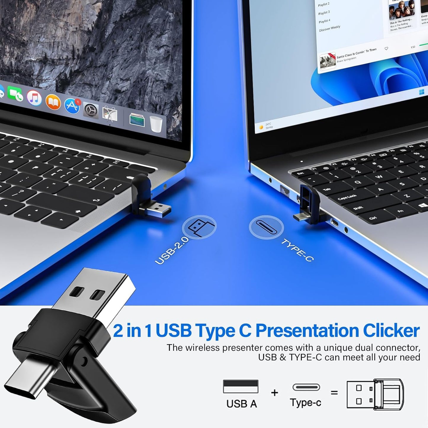 2-in-1 USB Type C Presentation Clicker, Wireless Presentation Clicker PowerPoint Presenter Remote with Volume Control, Powerpoint Clicker with Slide Advancer for Computer/Laptop/Mac