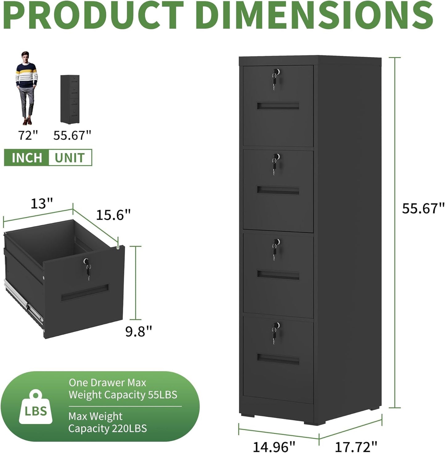File Cabinet 4 Drawer with Lock, Vertical Filing Cabinets for Home Office, Metal Steel Storage Cabinet for Letter/Legal Size File, Assembly Required(Black)