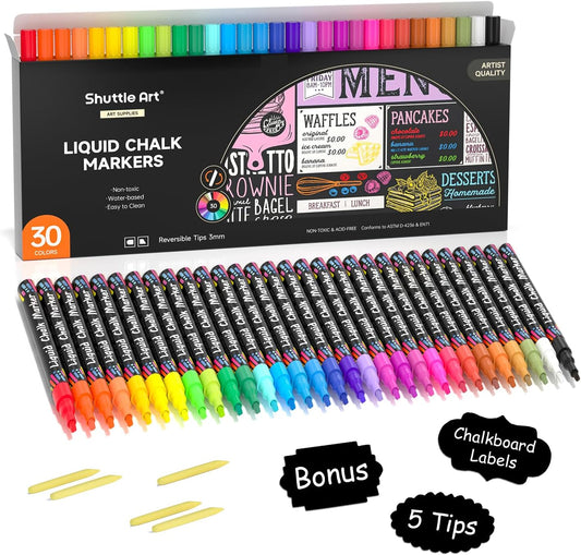 Shuttle Art Chalk Markers, 30 Vibrant Colors Liquid Chalk Markers Pens for Chalkboards, Windows, Glass, Cars, Erasable, 3mm Reversible Fine Tip with Chalkboard Labels for Office Home Supplies