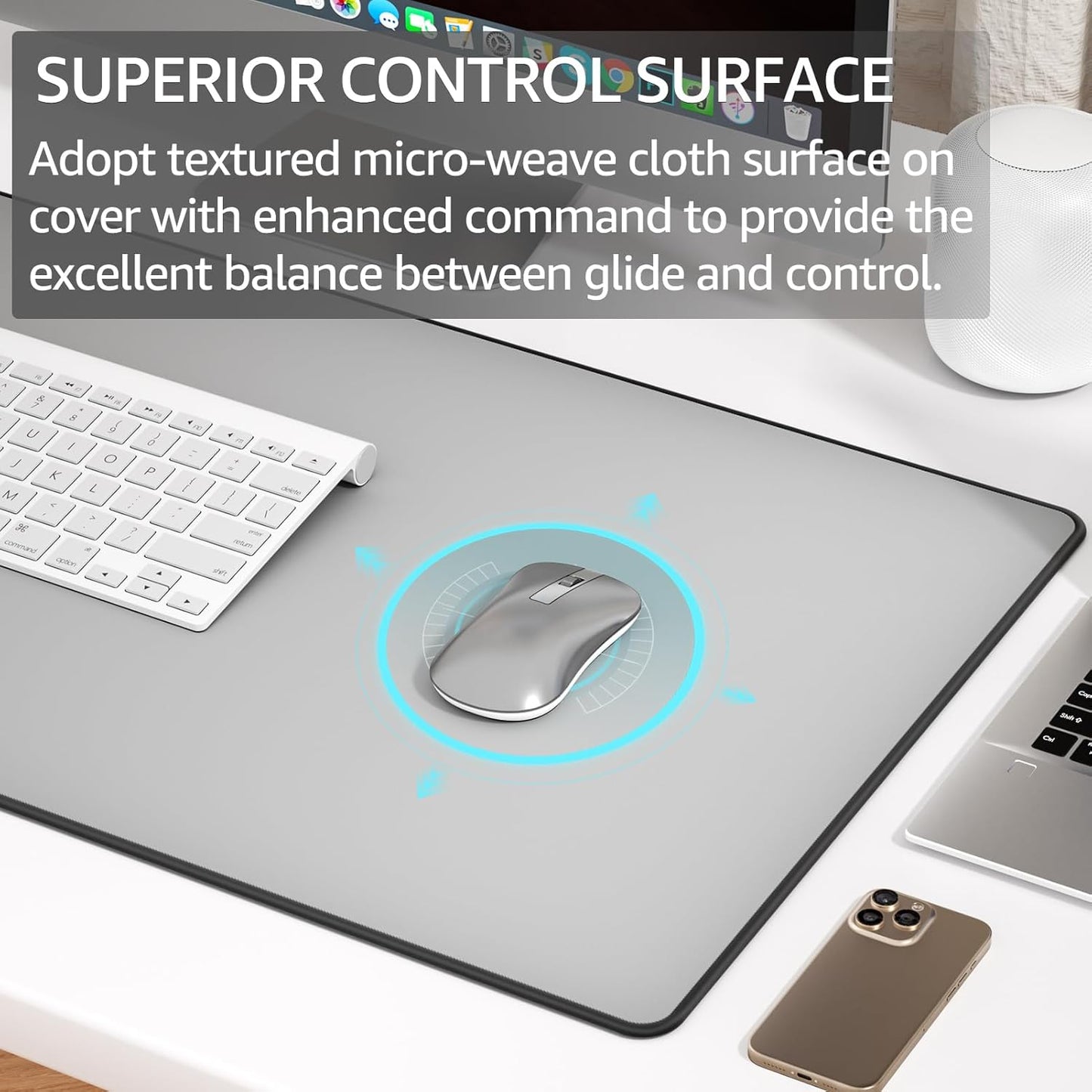 KTRIO Large Gaming Mouse Pad with Stitched Edges, Extended Mousepad with Superior Micro-Weave Cloth, Non-Slip Base, Water Resist Keyboard Pad for Gamer, Office & Home, 31.5x15.7in, Silver Grey