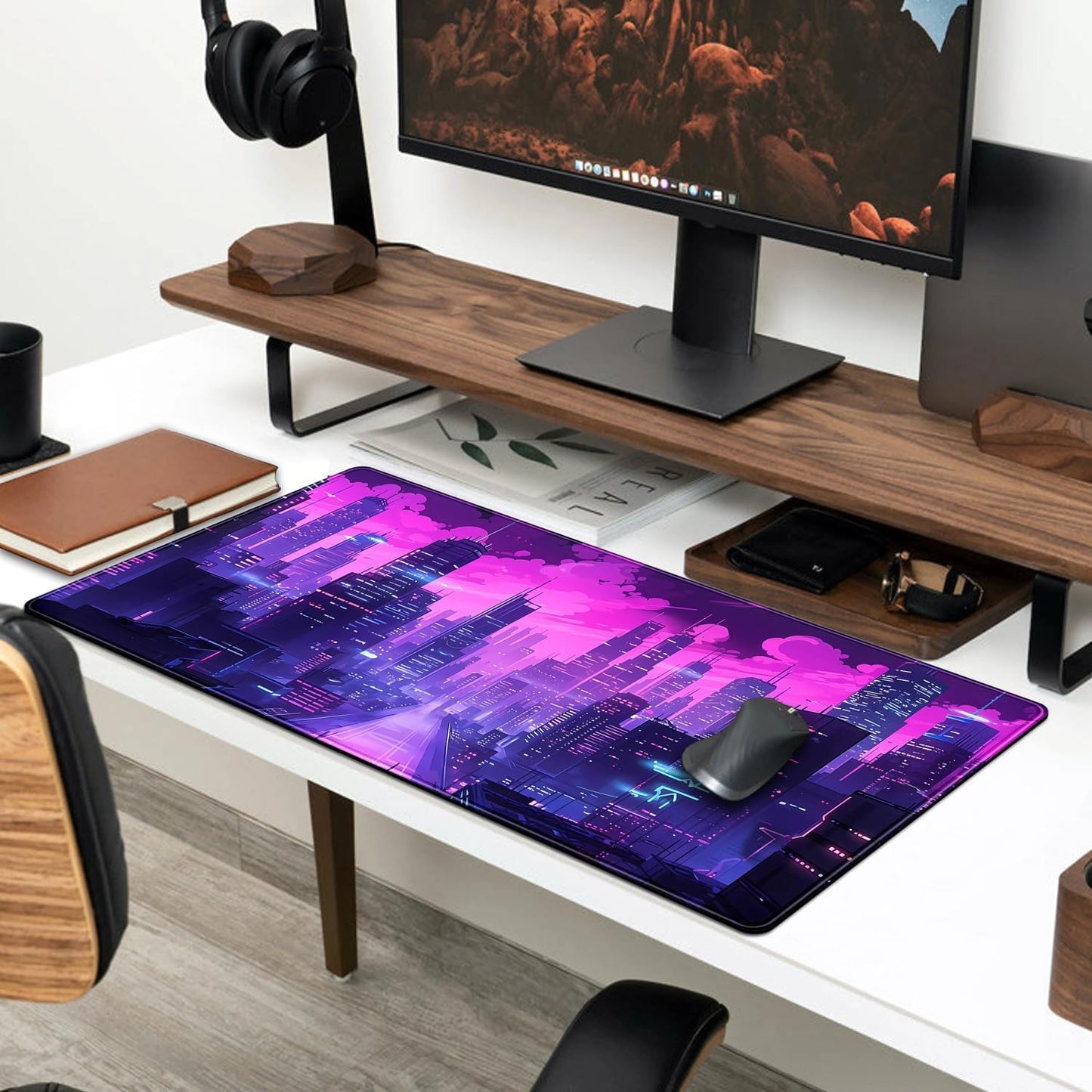 Desk Pad Cyberpunk Purple Desk Mat City Skyline Gaming Extended Mouse Pad Big Office Keyboard Pc Laptop for Women Large Mousepad with Stitched Eges Non-Slip Base Mouse Keyboard Mat 31.5x11.8 in