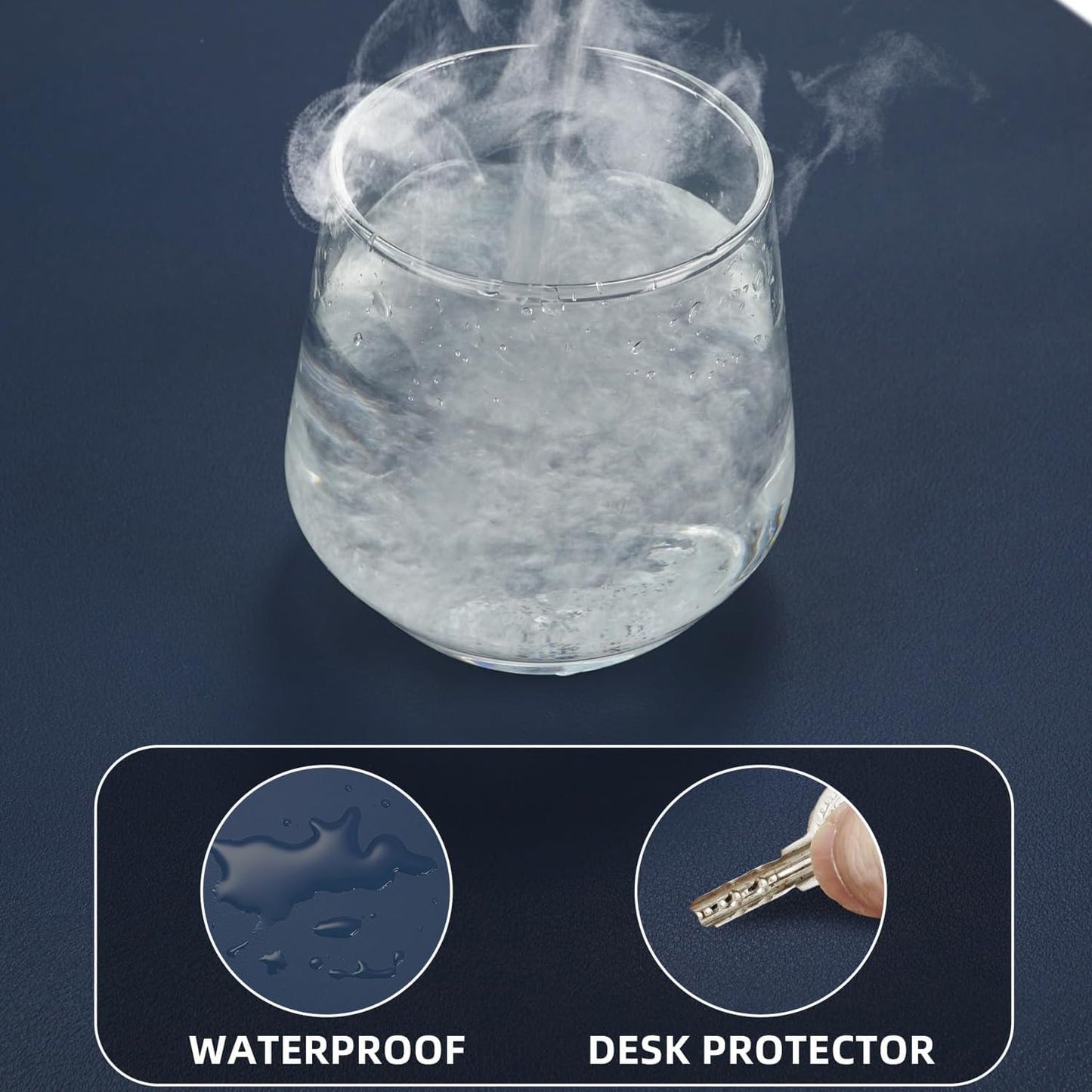 Large Desk Mouse Pad Protector, Stitched Locking Edge Non-Slip PU Leather Desk Mat Laptop Table Pad Blotter, Waterproof Durable Writing Pad for Office and Home (Dark Blue, 90 x 43cm)