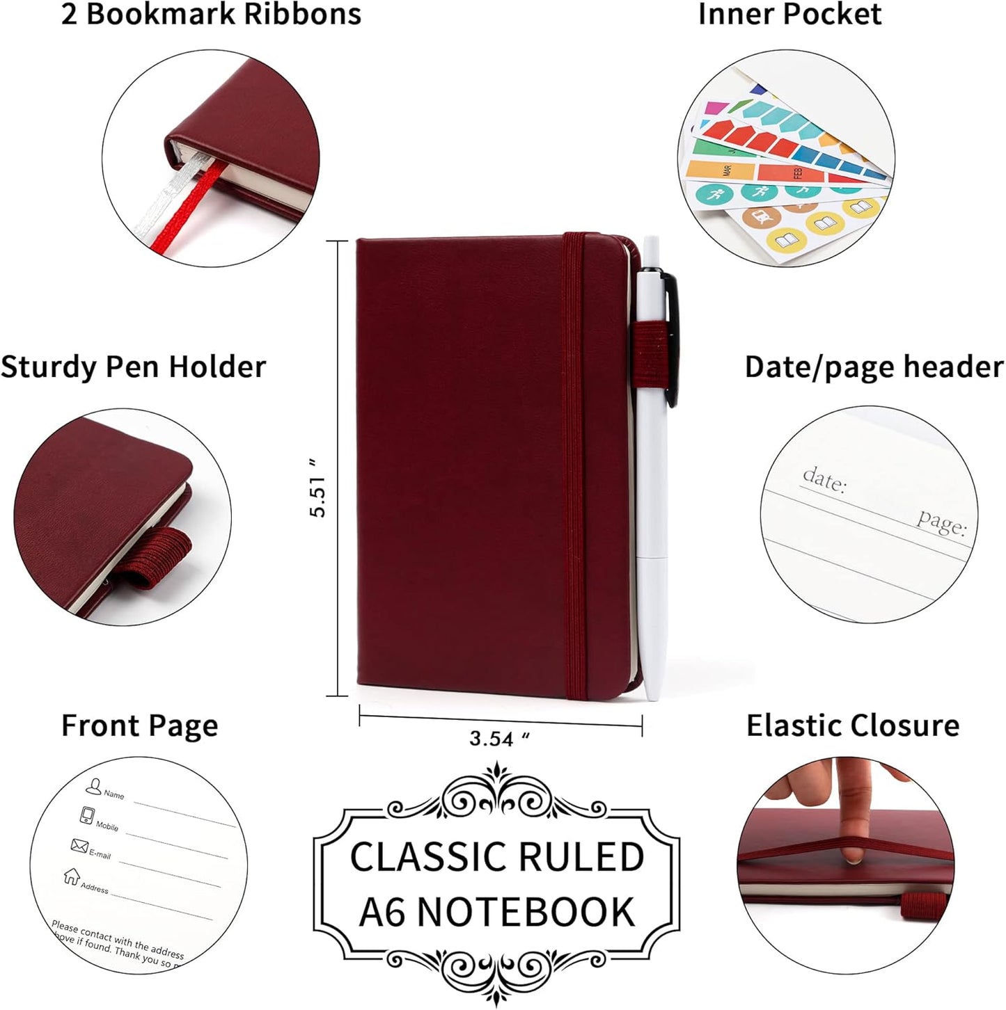 feela 15 Pack Pocket Small Notebooks Bulk, Mini Cute Notepads Hardcover College Ruled Lined Journals with Pen Holder for School Business Memos, with 15 Black Pens, 3.5”x 5.5”, A6, Wine