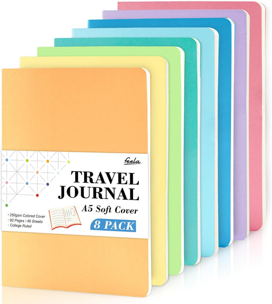 feela 8 Pack Soft Cover Journal Bulk, Notebooks College Ruled for Work, Lined Travel Journal for Students Women, Note Taking Notebook School Supplies Business Writing, 8.2” x 5.5”, A5, Pastel Colors