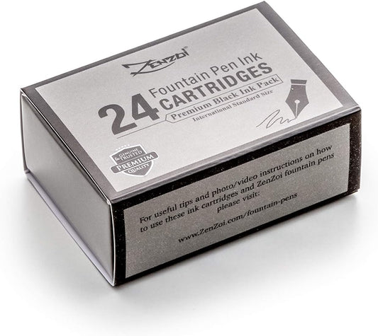 ZenZoi Fountain Pen Ink Cartridge Refills- 24 Bulk Premium Black Case- Professional Grade, International Size, Non-Toxic Ink- Smooth, Blotch-Free Writing for Luxury Pens – German Nibs (Black)