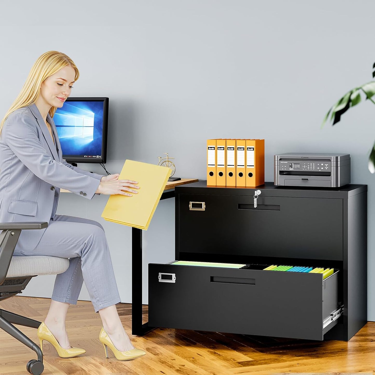 2 Drawer File Cabinets for Home Office, Metal Filing Cabinet with Lock, Black Locking File Caninet Two Drawer, Office Storage Caninets Steel Cabnet for Letter/Legal/A4/F4-Assembly Required