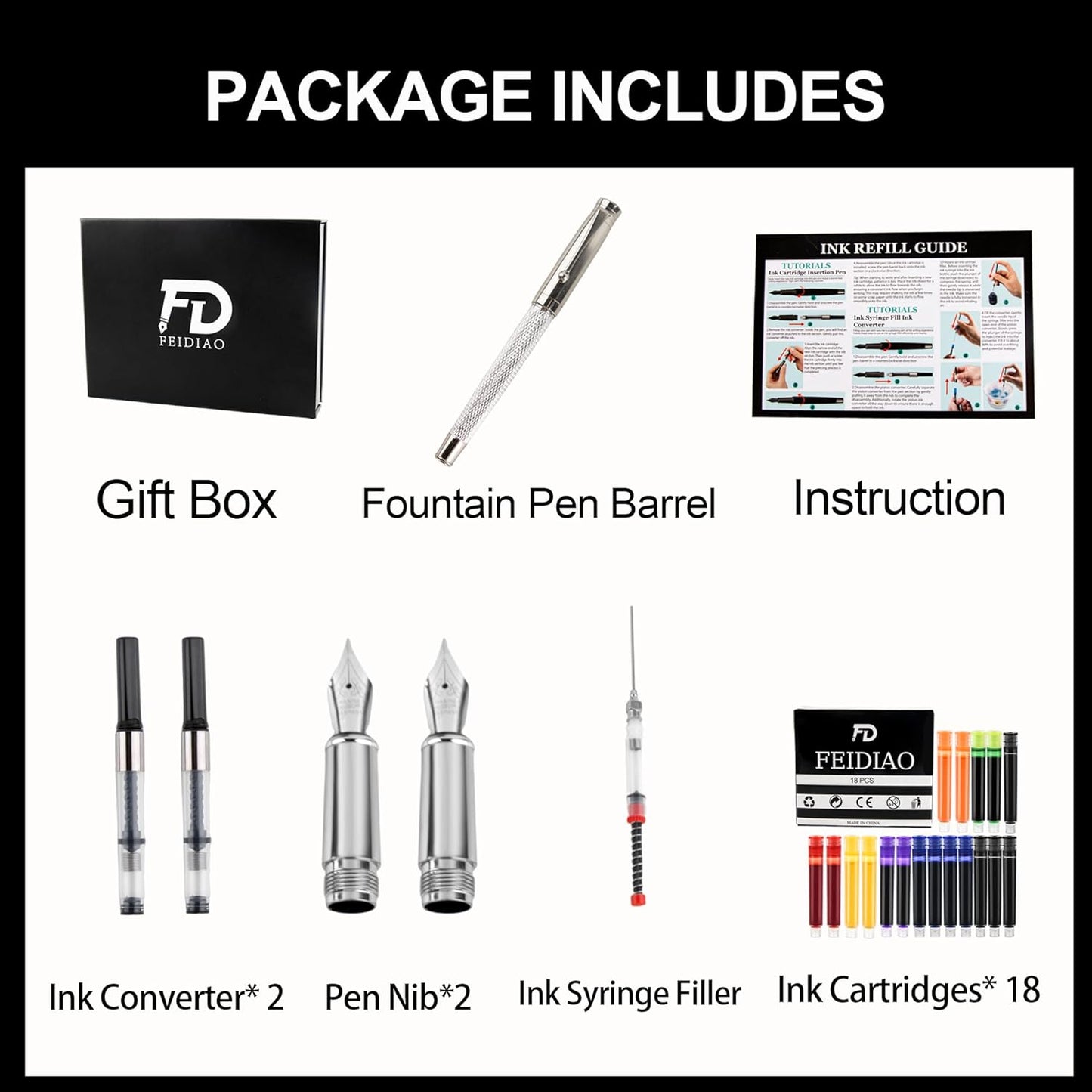 FEIDIAO Calligraphy Fountain Pen Set Deluxe Pen for Writing with 18 Ink Cartridges,Replacement Fine Nib,Ink Converter,Syringe Filler,Calligraphy Pen for Beginner Men Women