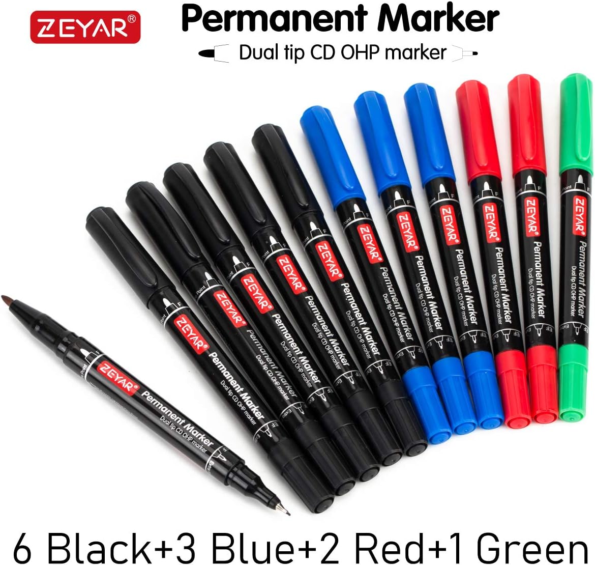 ZEYAR Twin Tip Permanent Markers, CD/DVD Markers, 4 Color, Ultra Fine Point and Fine Point for Signature and Marking (4 Colors, 12 Pack)