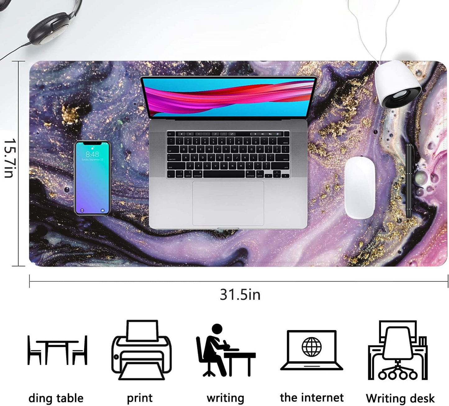 Desk Mat, Purple Marble Pattern Large Desk Pad Extended Gaming Mouse Pad, 35.4 x 15.7inch Mouse Pad with Non-Slip Rubber Base Stitched Edges, Home Office Decor for Women Girls Men Boys