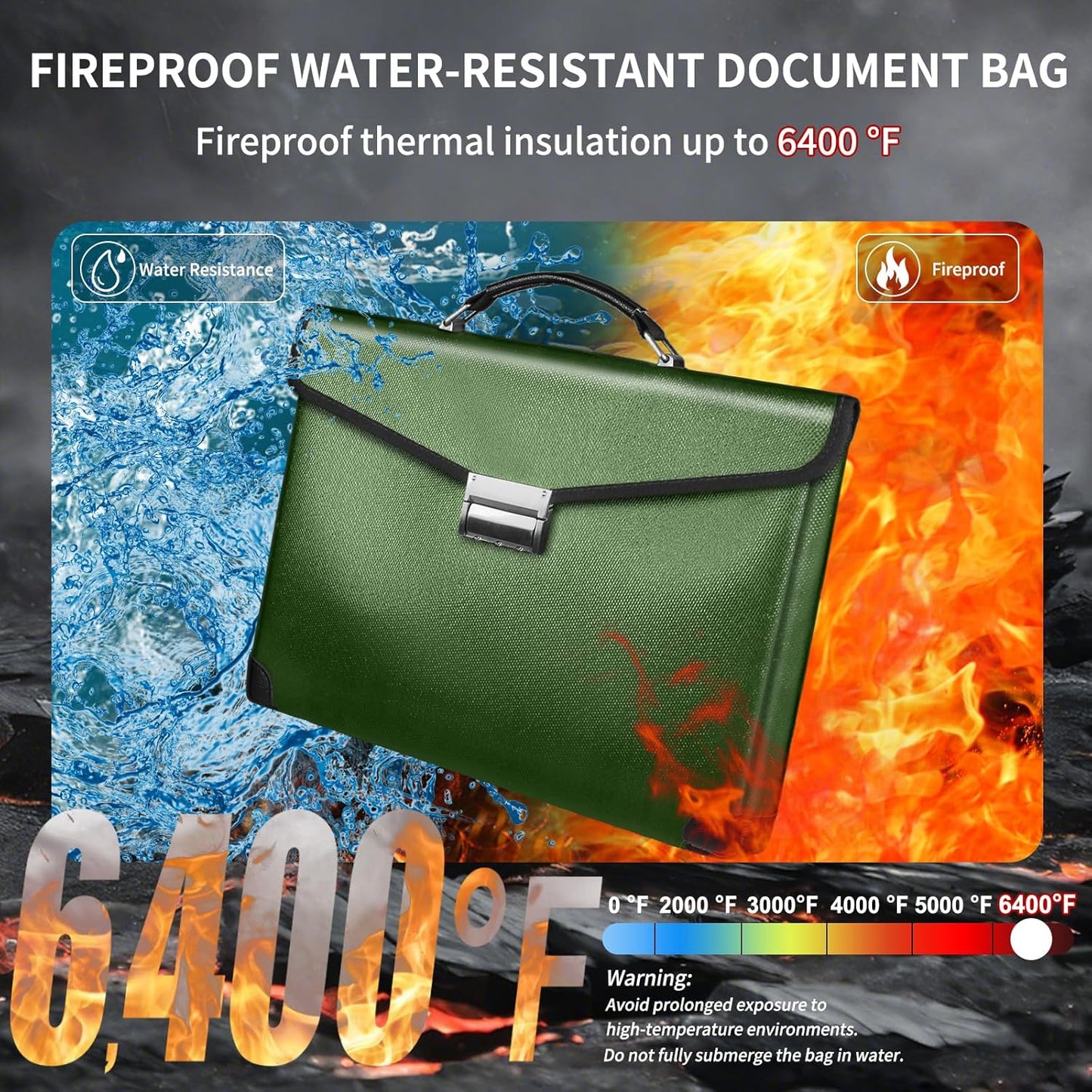 Fireproof Document Bag 14.5"X11"X2.5" Fireproof Money Bag for Cash With Lock and Zipper,Fire&Waterproof Storage Organizer Pouch for Valuables,Legal Document,Laptop,Passport,(Green)