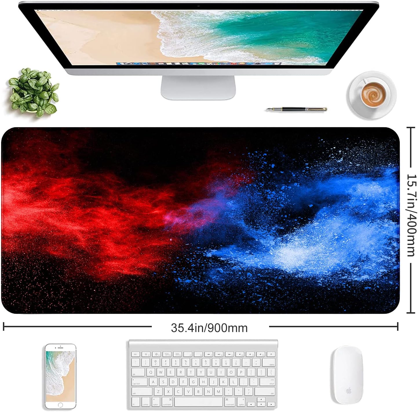 Large Extended Gaming Mouse Pad with Stitched Edges, Non-Slip Waterproof Rubber Base Mouse Pad for Office, Computer, Keyboard, Laptop and Home Desk Pad 35.4 x 15.7 x 0.12 Inch (Colorful Starry Sky)