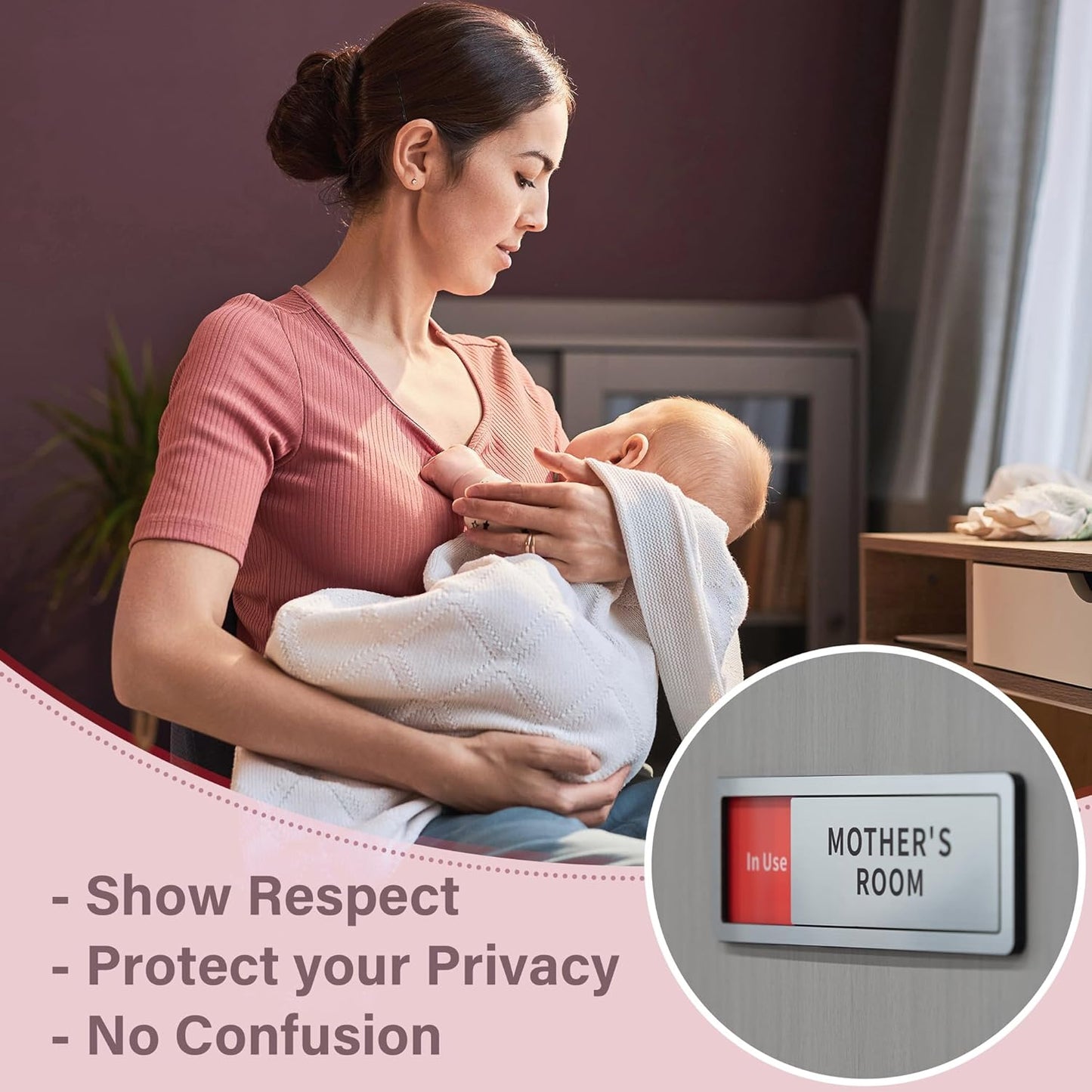 2 Pack Mom Door Sign - Do Not Disturb, Breastfeeding, Slide Door Sign (Brushed Silver, 8" x 2.6")