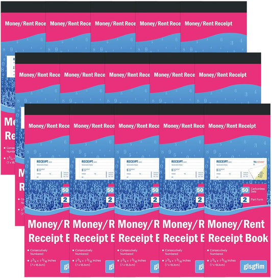 gisgfim 15 Pads Receipt Book with Carbon Copies Money and Rent Receipt Book 2 Part Carbonless Bound Wraparound Cover Petty Cash Business Invoice Book for Small Business 2-3/4 x 7-3/16Inch 50 Set/Book