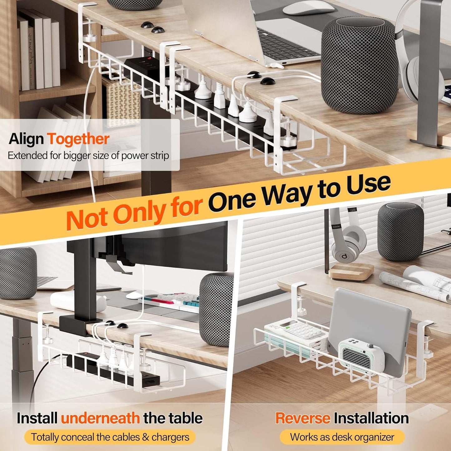 2 Pack Cable Management Under Desk Tray, Xpatee 31.4" No Drill Wire Organizers with Upgraded Clamp, Metal Cord Organization, PC Cable Management Rack, White