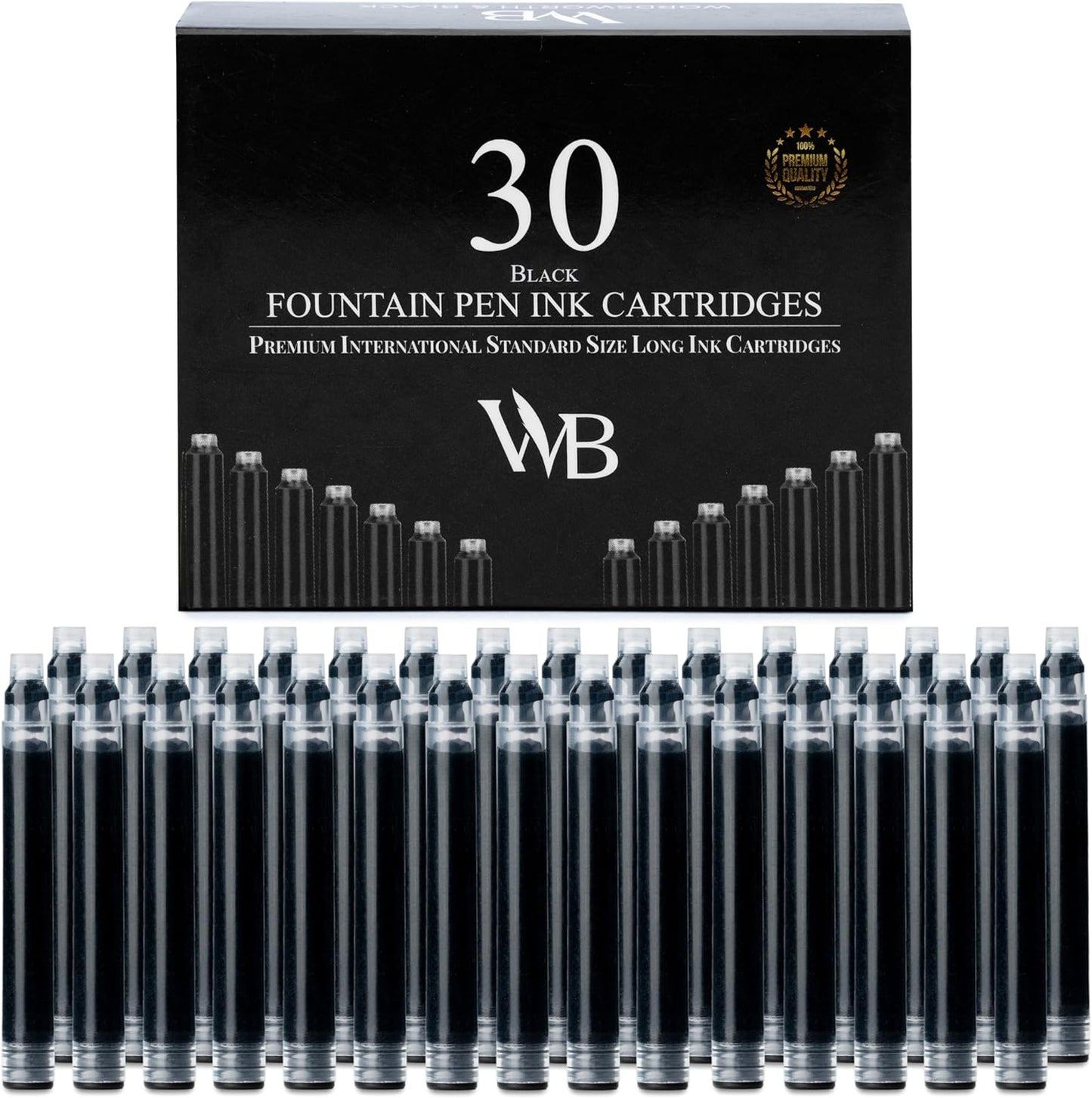 Wordsworth & Black 30 Pack Fountain Pen Ink Refills - Set of 30 Black Ink Cartridges - International Standard Size - Length APPR 2.3" - Base Diameter APPR 0.24" - Disposable and Generic