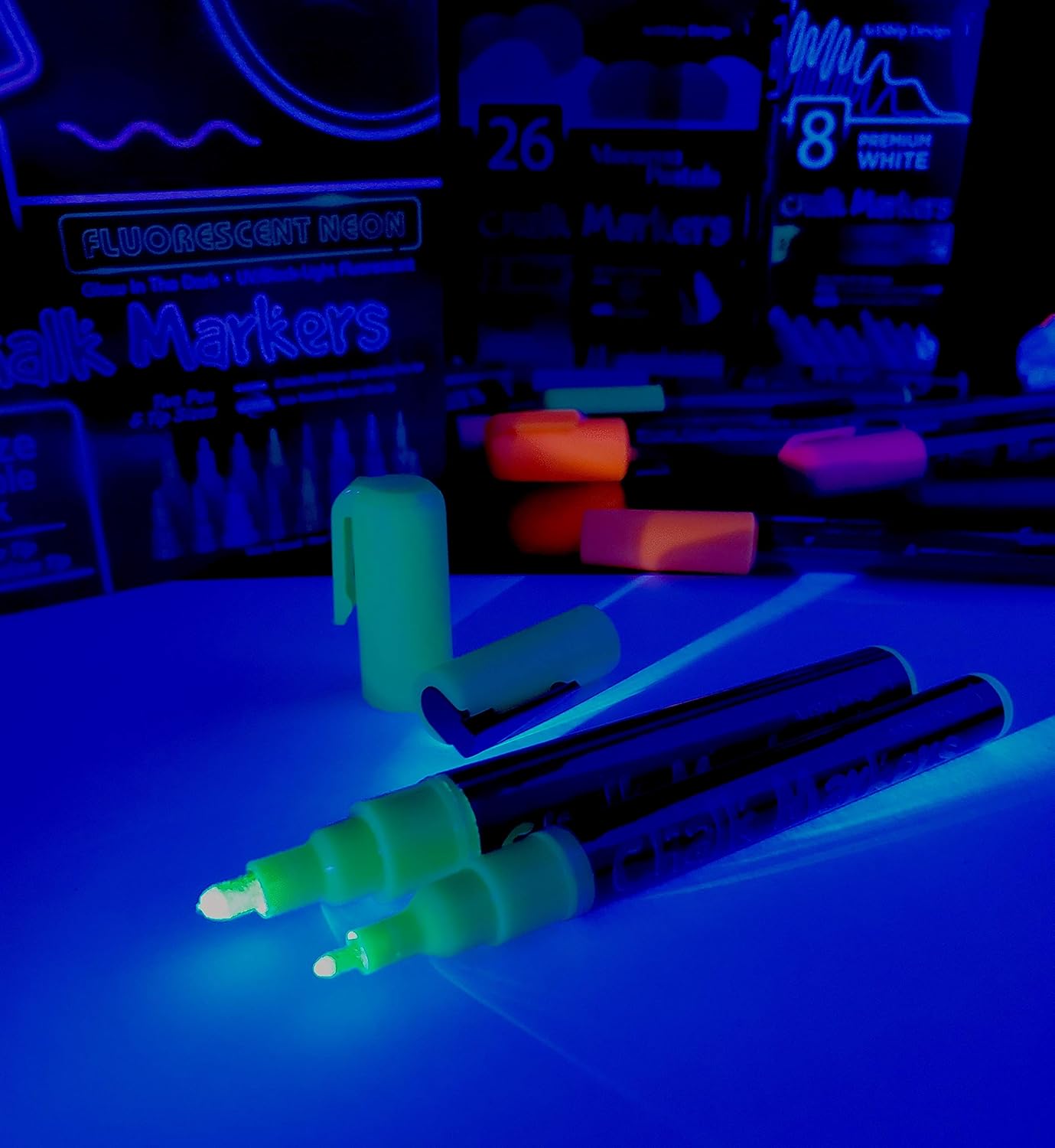 16 UV Fluorescent Neon Chalk Markers - Double Pack of Both Fine & Reversible Medium Tip Liquid Chalk Pens Wet Erasable Menu Boards, Glass, Whiteboards, Mirrors, Non-Porous Chalkboards, Plastic, Metal