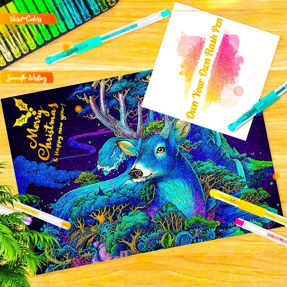 Soucolor Glitter Gel Pens for Adult Coloring Books, 120 Pack-60 Glitter Pens, 60 Refills and Travel Case, Nurse Aesthetic Cute Pens, School Office Home Supplies, Gifts for Women and Men