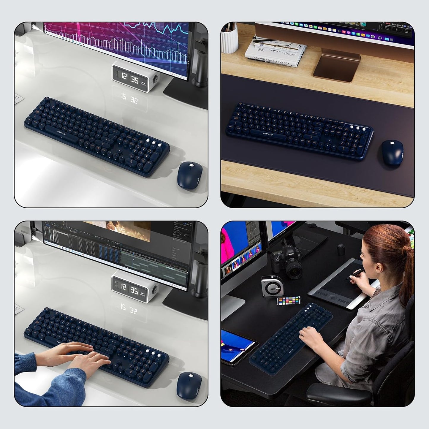 FOPETT Wireless Keyboard and Mouse Combo, 104 Keys Full-Sized 2.4 GHz Round Keycap Colorful Keyboards, USB Receiver Plug and Play, for Windows, Mac, PC, Laptop, Desktop (DarkBlue)