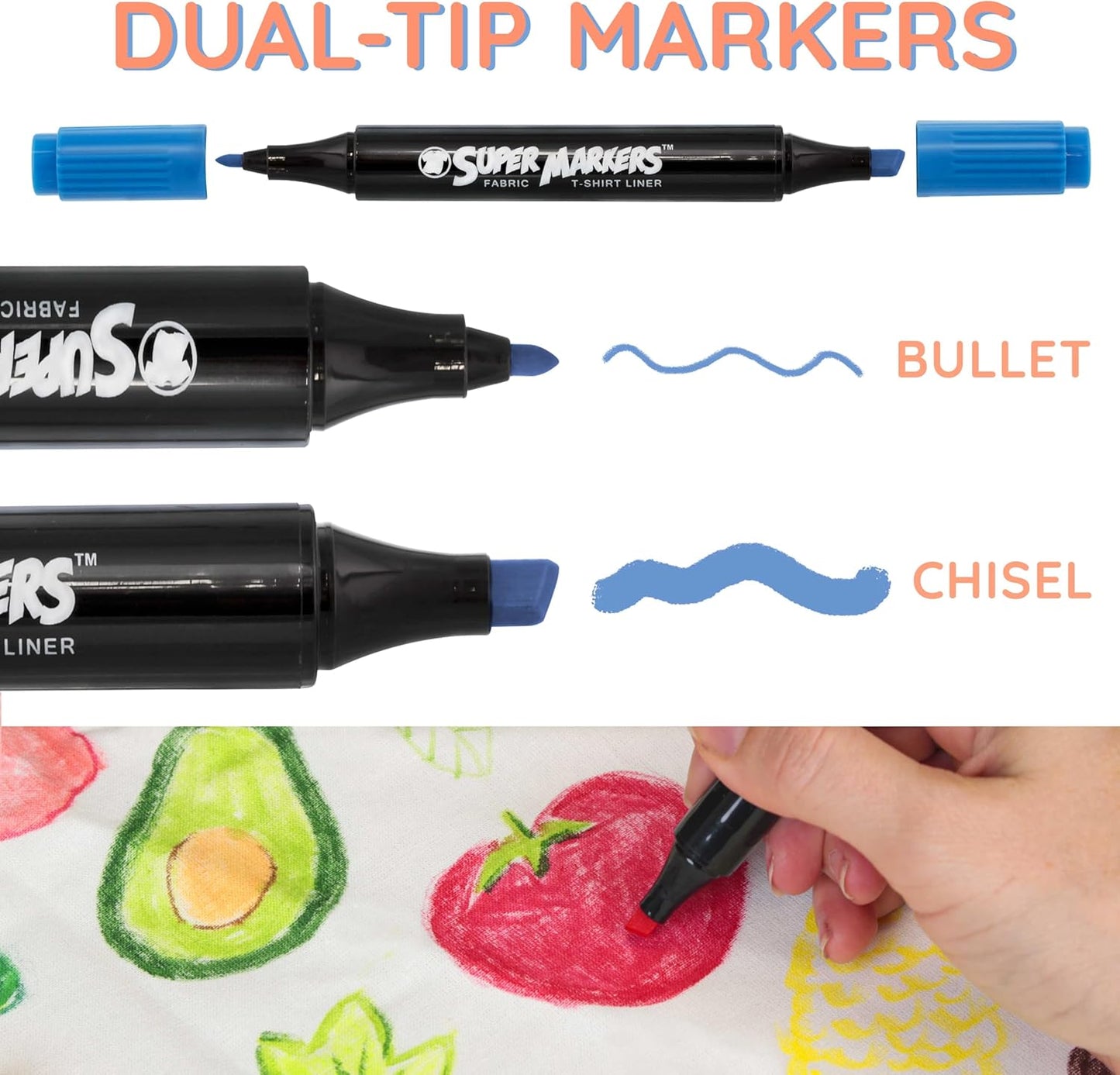 Super Markers 40 Unique Primary & Pastel Colors Dual Tip Fabric & T-Shirt Marker Set - Double-Ended Fabric Markers with Chisel Point and Fine Point Tips - 40 Permanent Ink Vibrant and Bold Colors